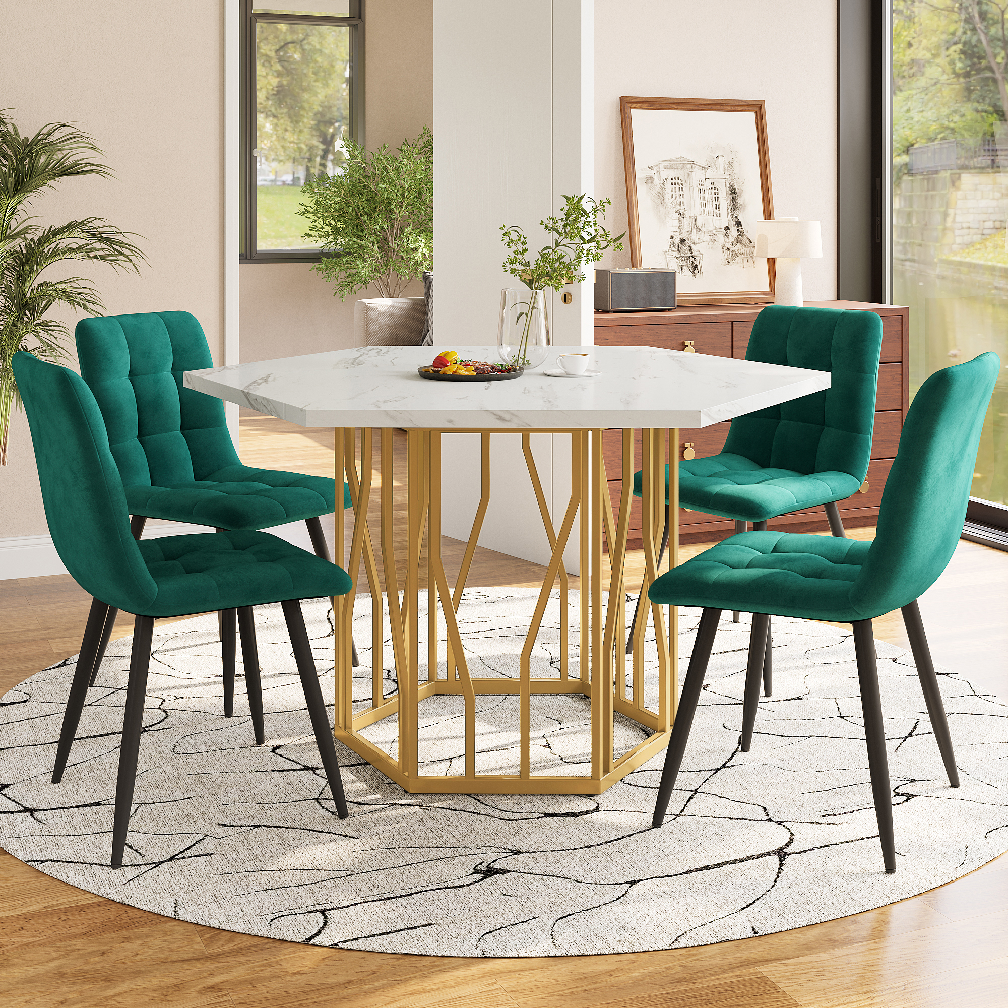 5-Piece Hexagonal Marble-Look Table with Green Velvet Chairs