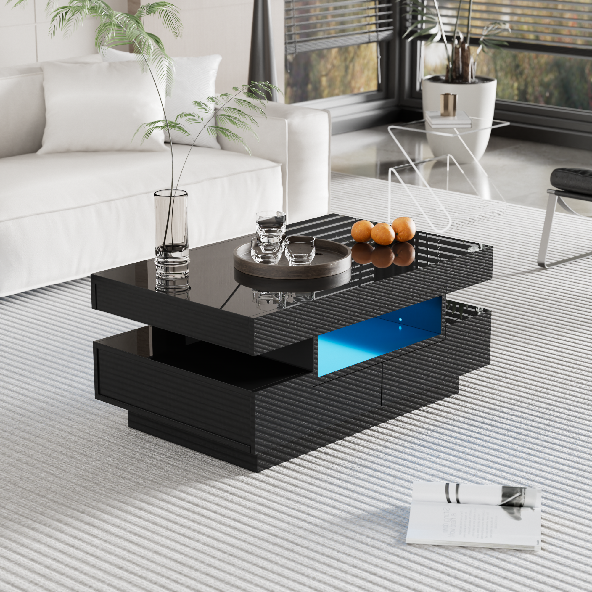 Black High-Gloss Coffee Table with LED Strip and 4 Drawers
