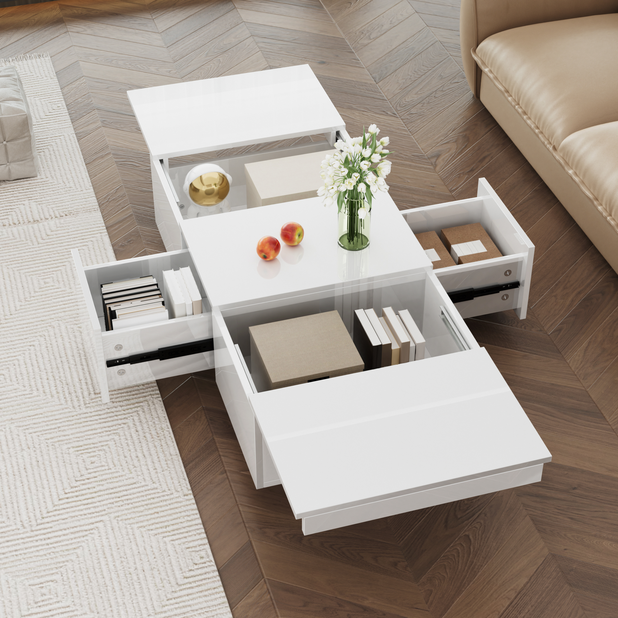 White High-Gloss Coffee Table with Push-Pull Drawers