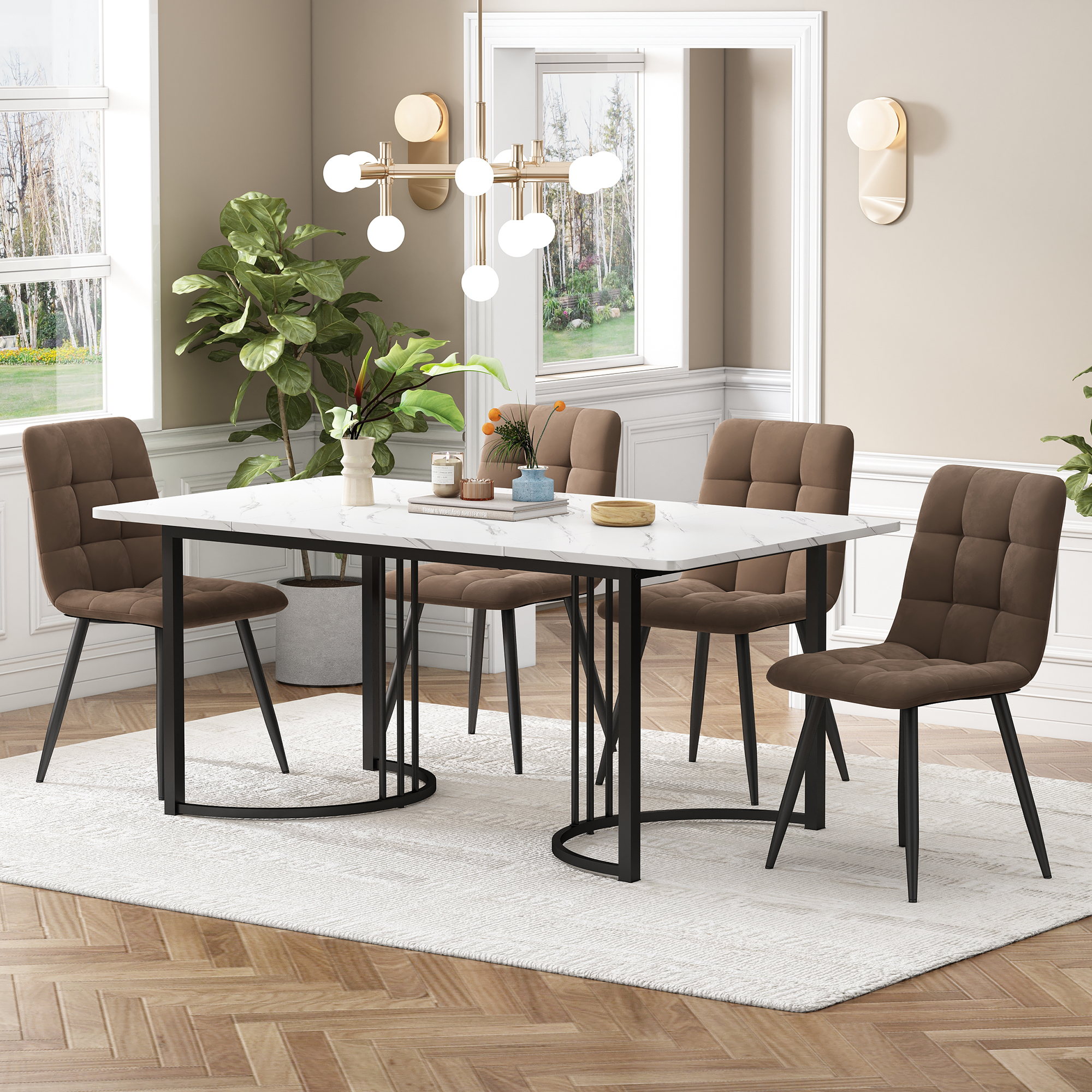 5-Piece White Dining Set, 140 cm Table with Brown Velvet Chairs