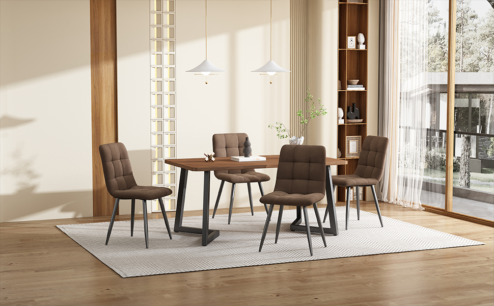 5-Piece Walnut Dining Set with Brown Velvet Chairs
