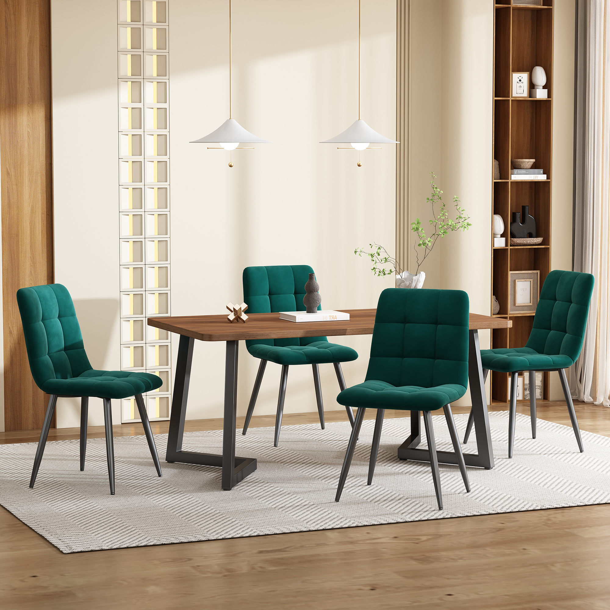 5-Piece Walnut Dining Set with Dark Green Velvet Chairs