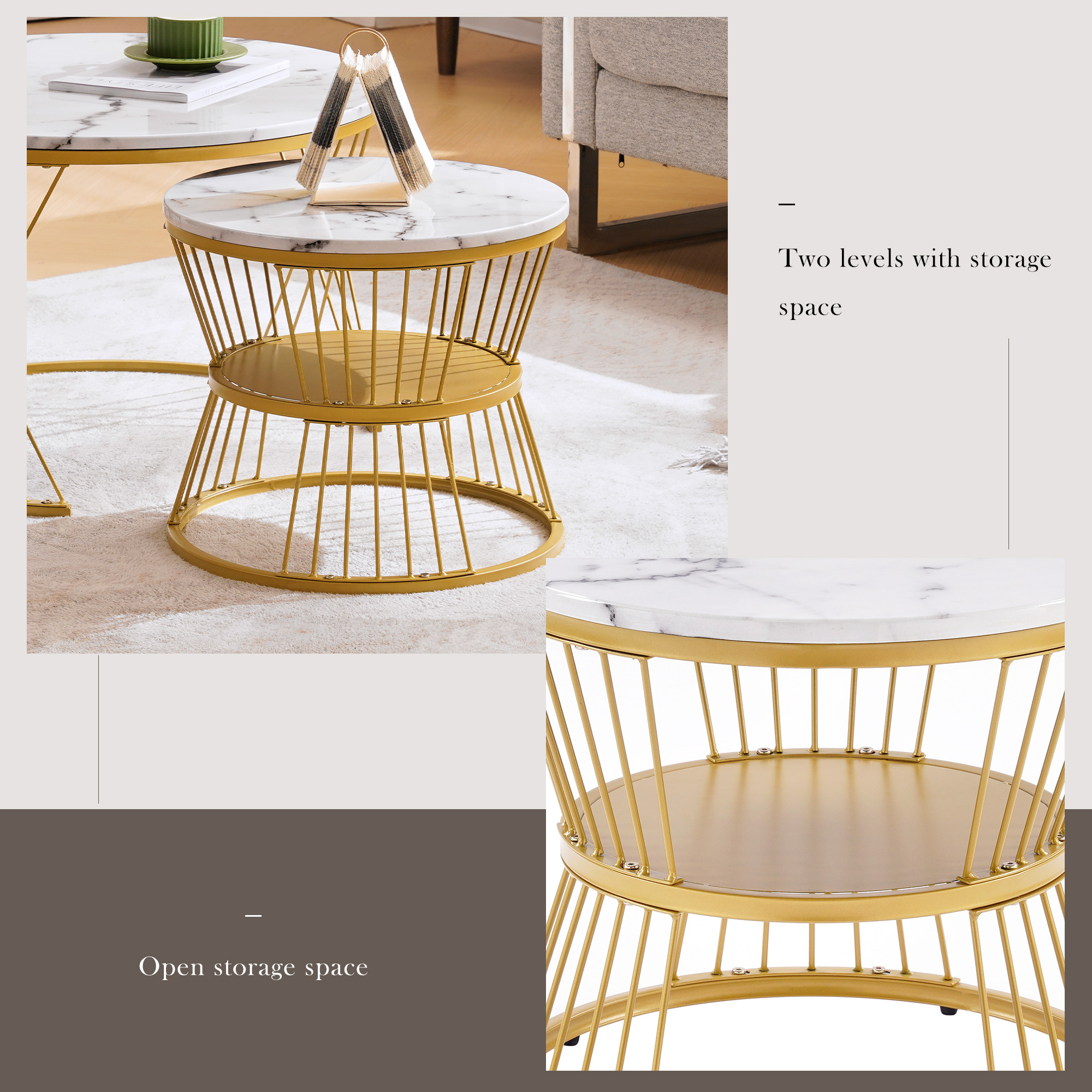 High-Gloss Marble-Pattern Nesting Coffee Tables, Set of 2