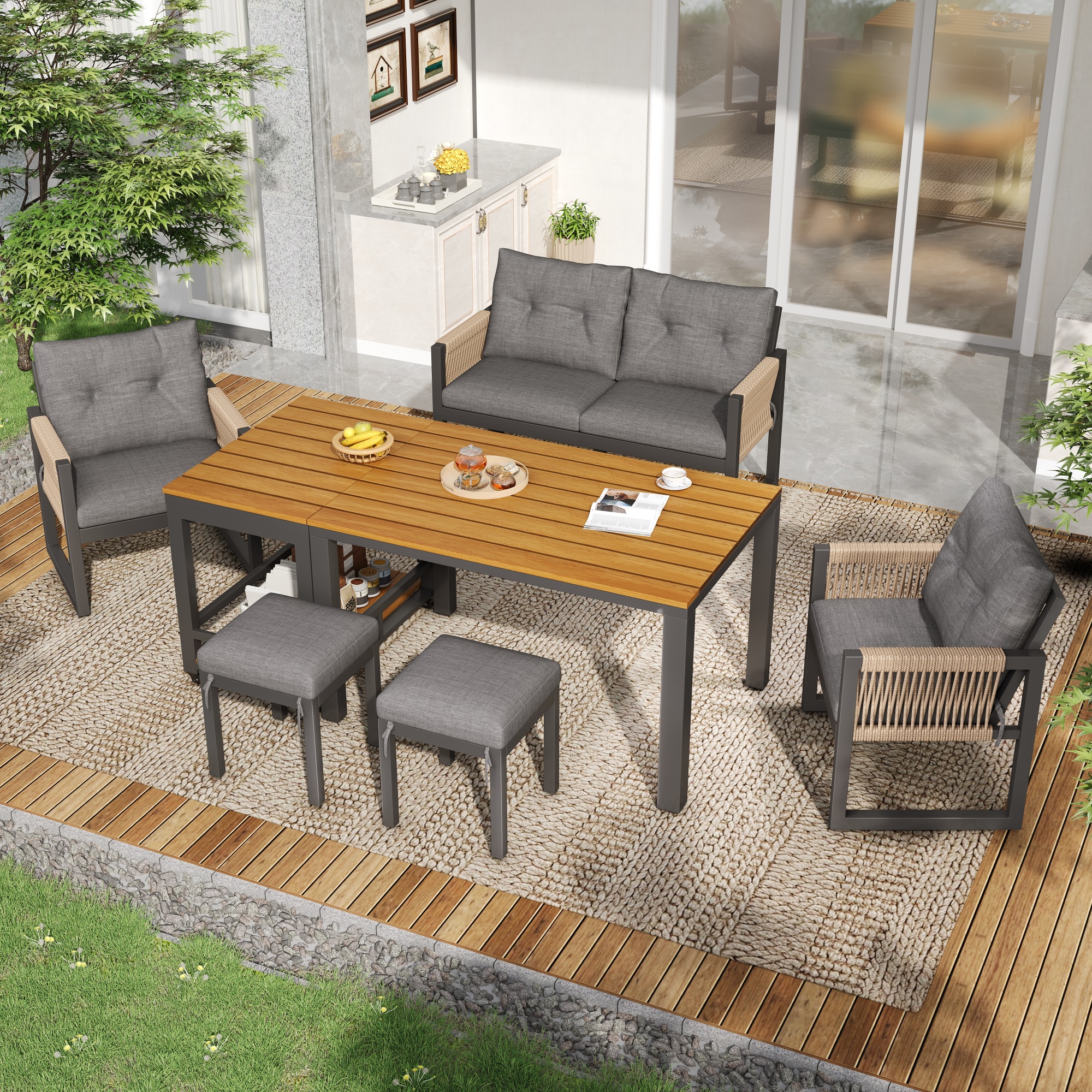 6-Piece Outdoor Sofa Set with Iron Frame and Braided Armrests