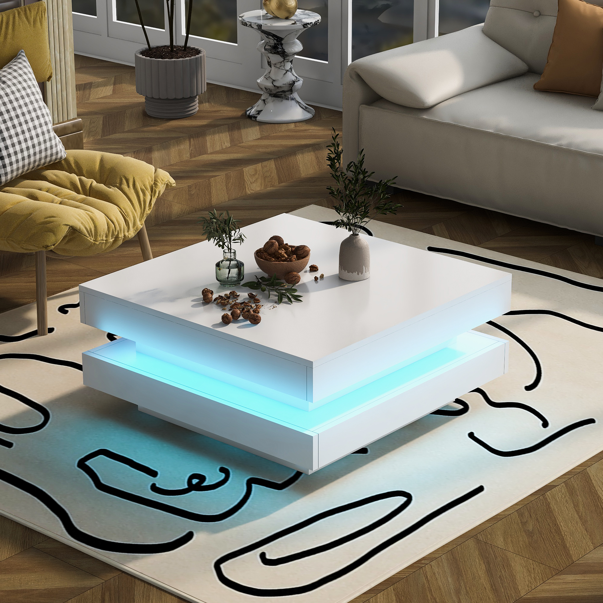 Square White Coffee Table with Bluetooth LED