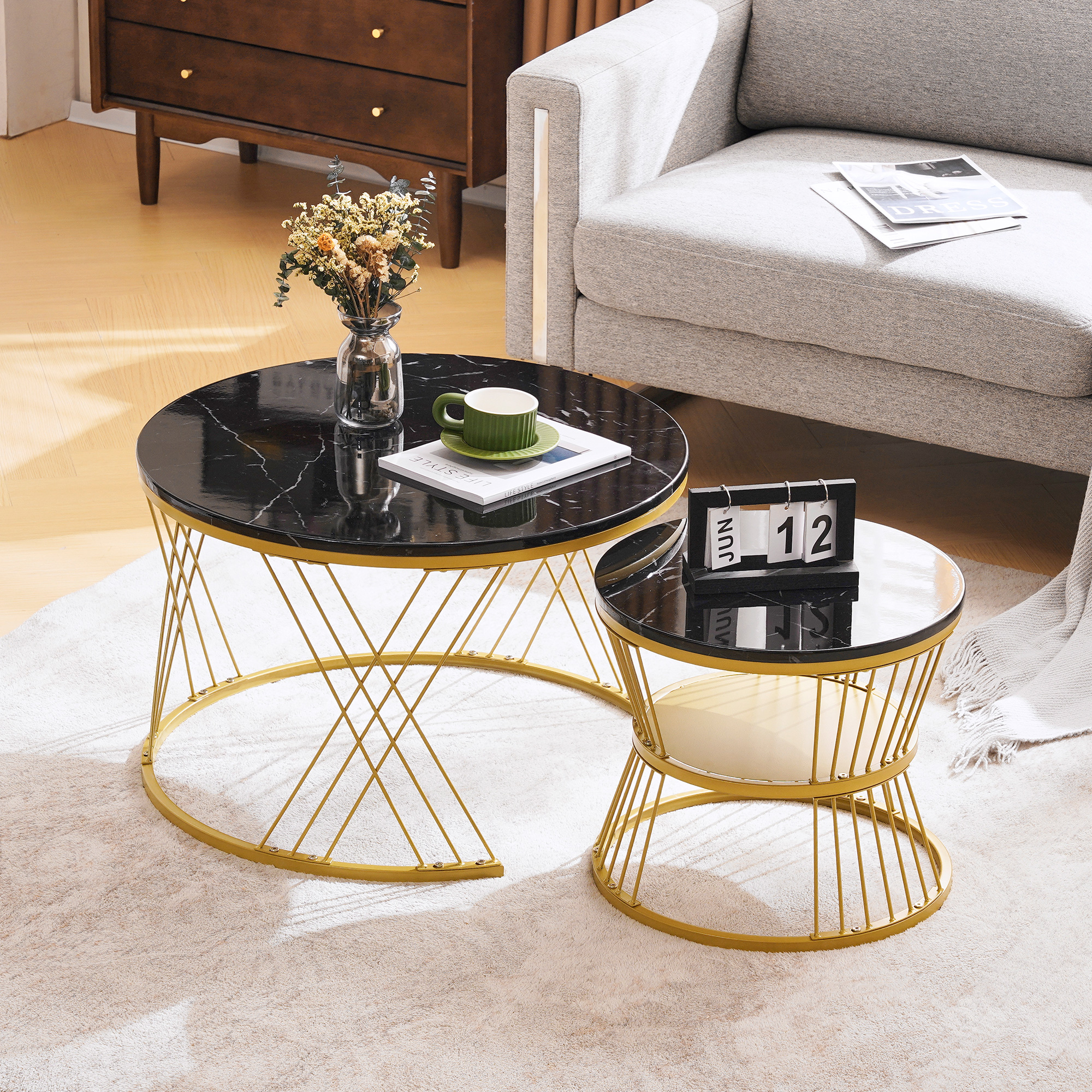 Black High-Gloss Marble-Pattern Nesting Tables, Set of 2