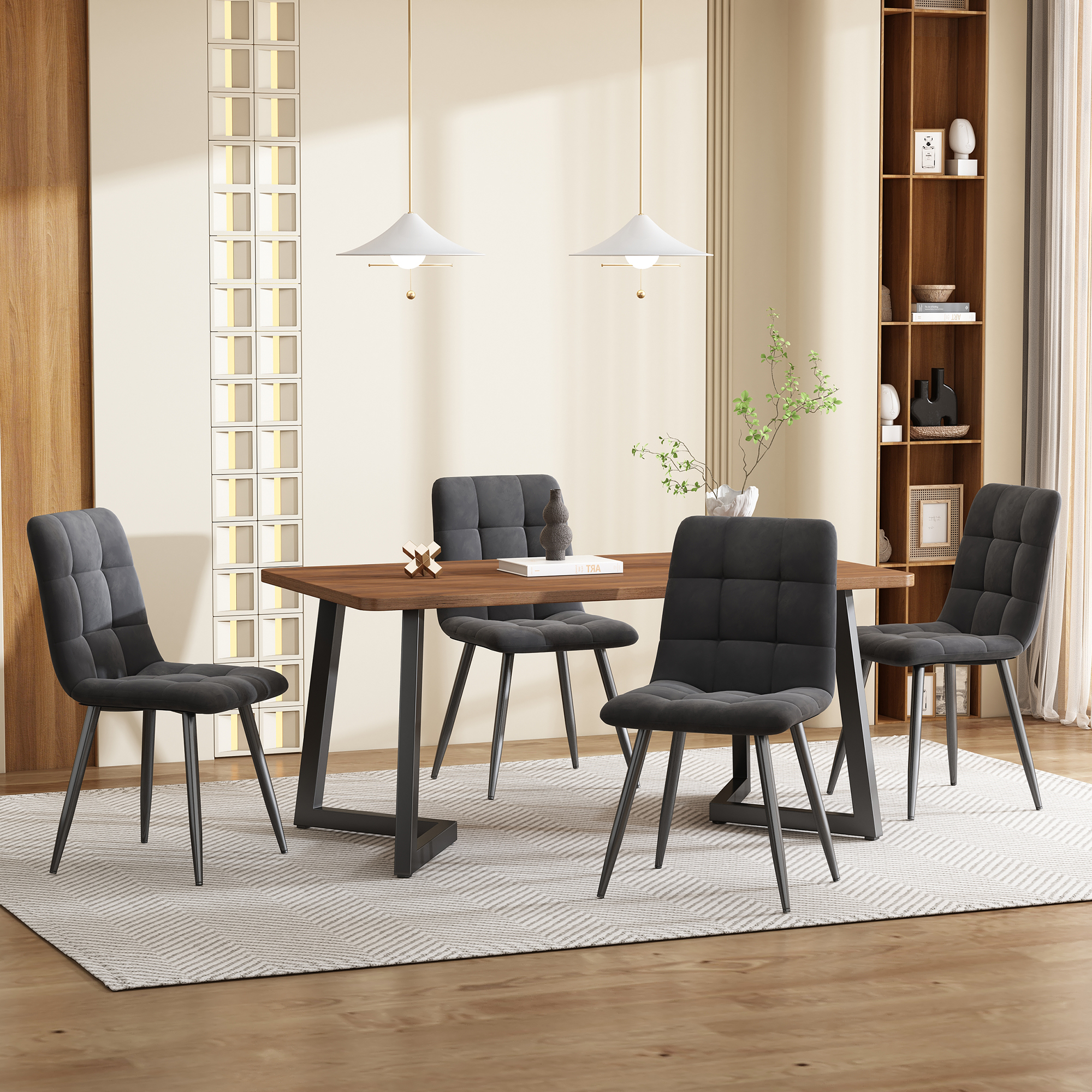 5-Piece Walnut MDF Dining Set with Dark Gray Velvet Chairs