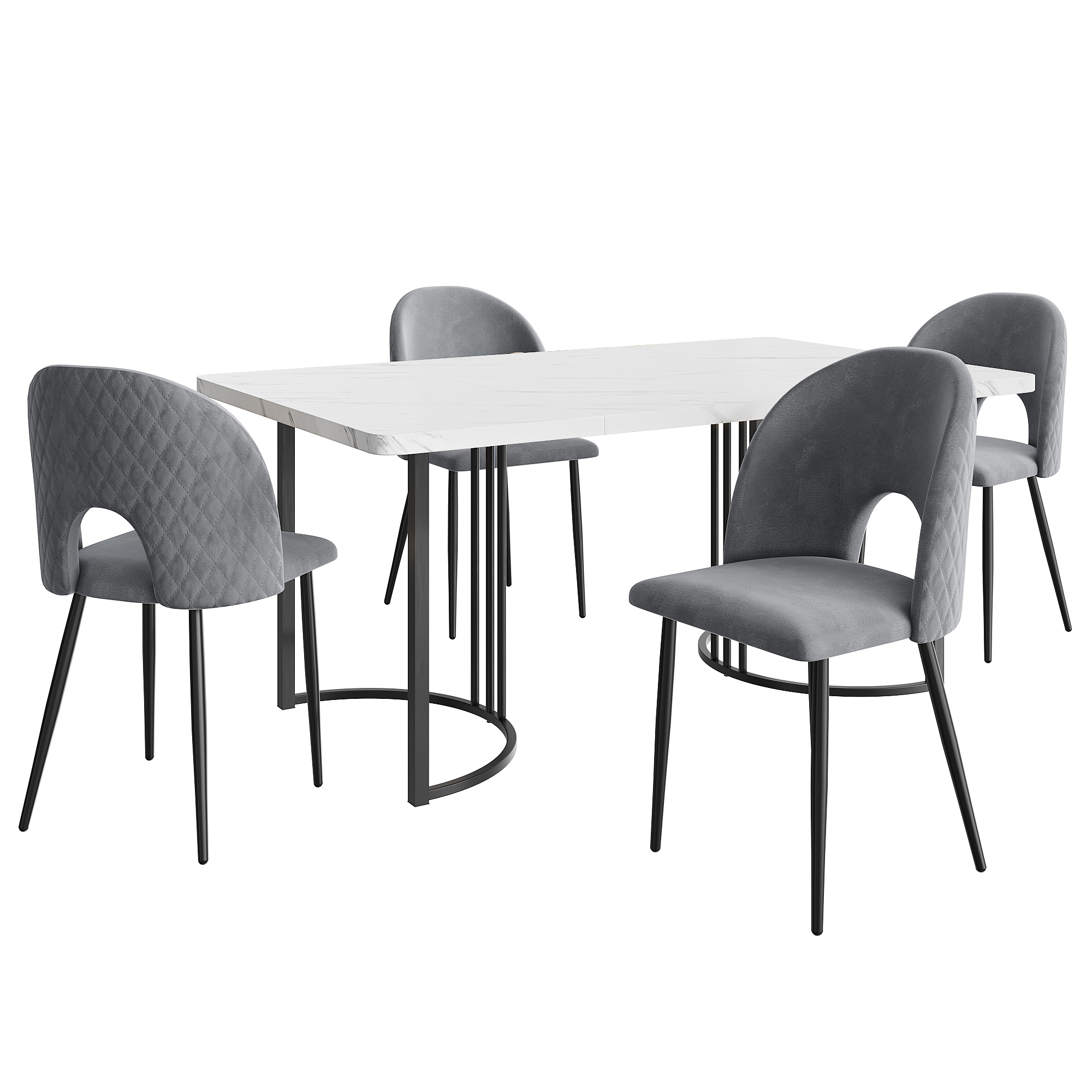 White MDF Table with 4 Gray Diamond Velvet Chairs, Black Legs