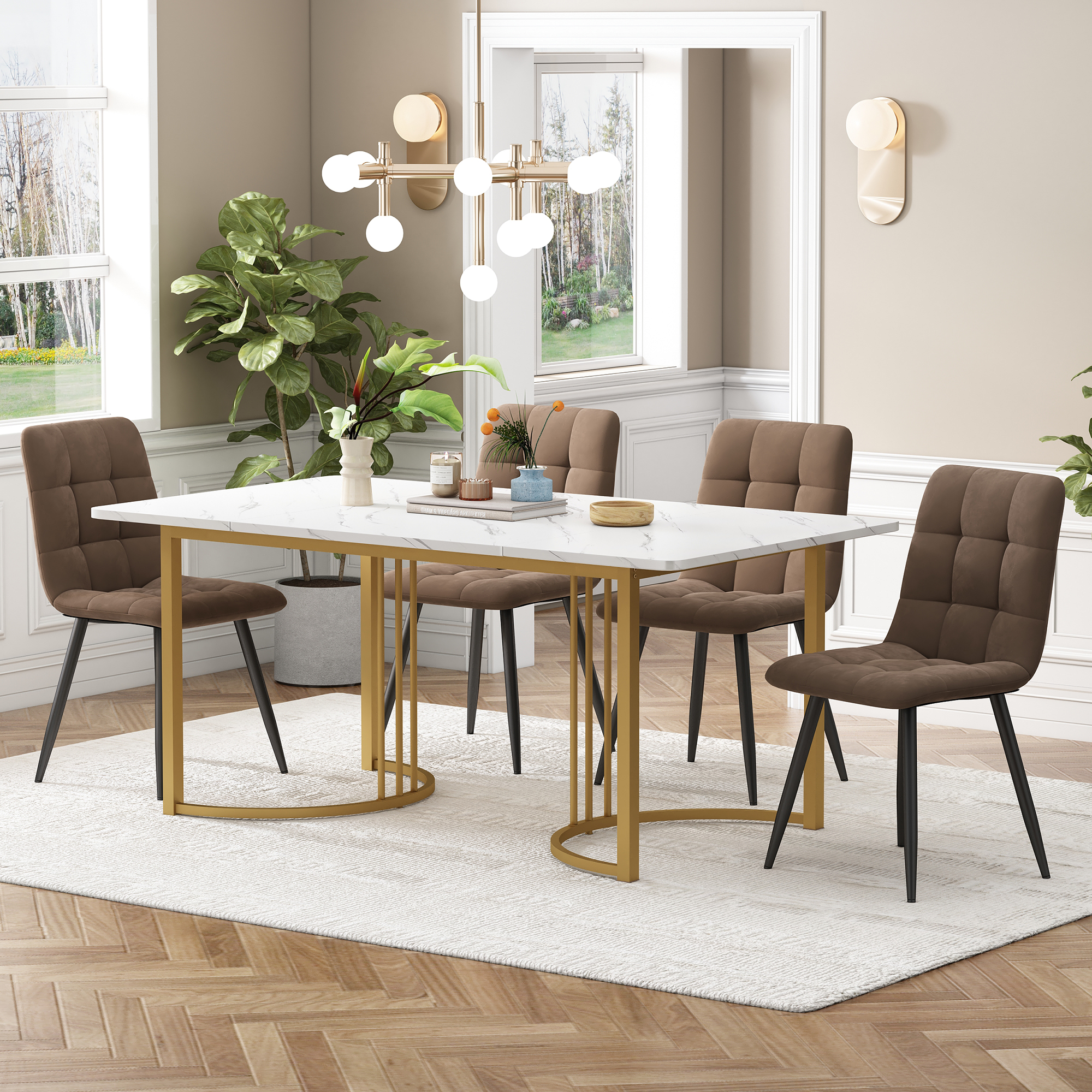 White MDF Dining Table with 4 Brown Velvet Chairs, Gold Legs