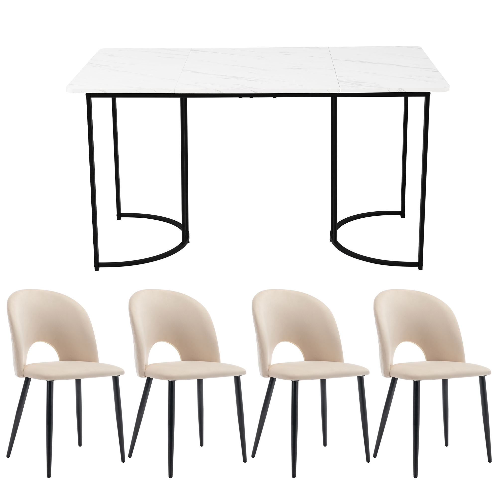 White Table with 4 Beige Diamond Velvet Chairs, Black Legs