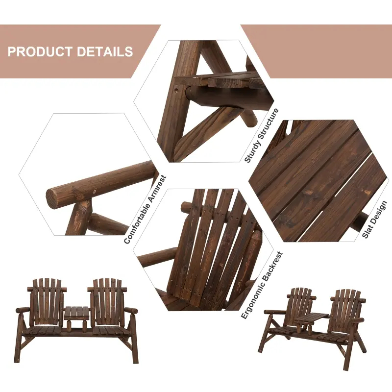 Adirondack 2-Seat Bench Set with Center Table, Carbonized Fir