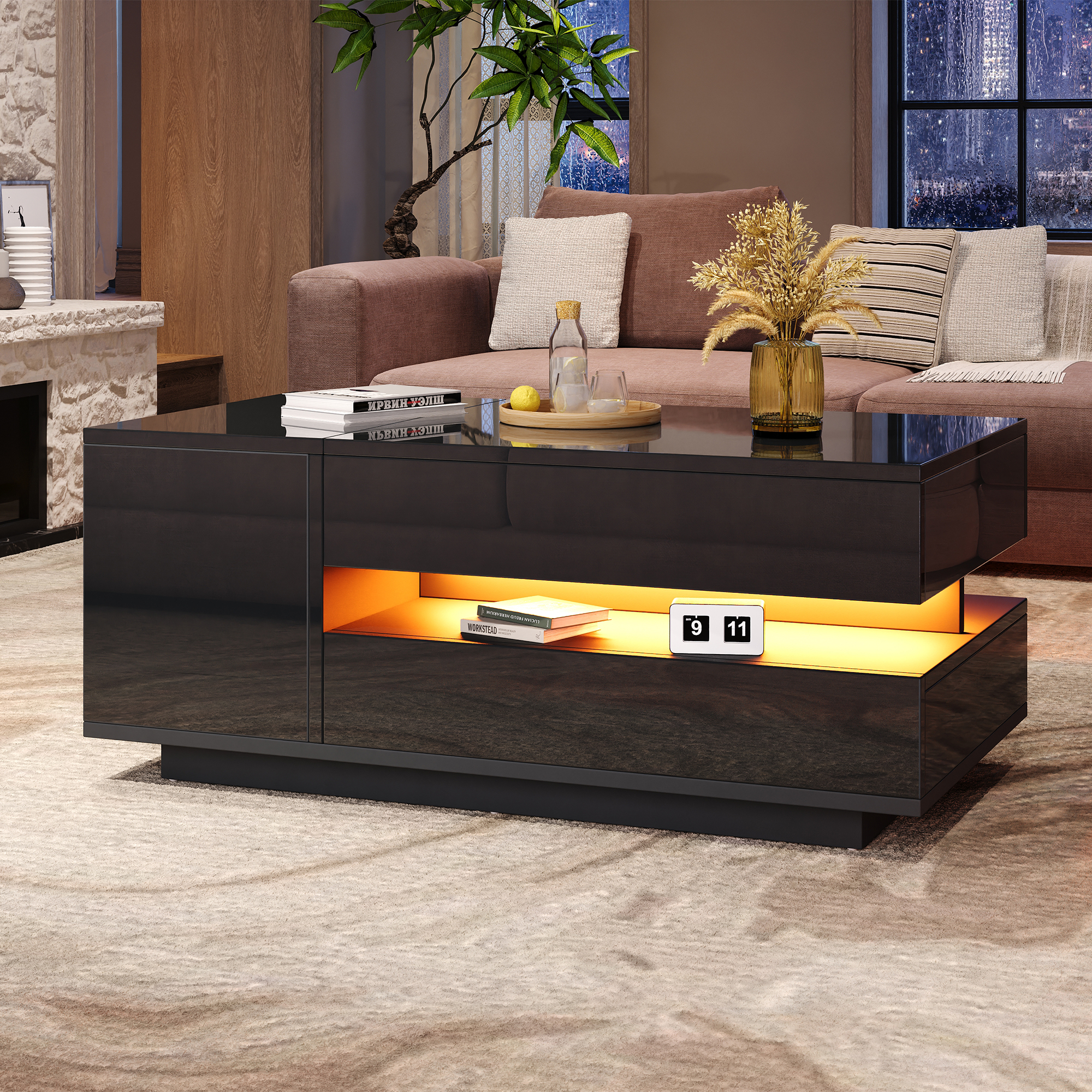 Lift-Top Black Coffee Table with LED, Drawer and Cabinet