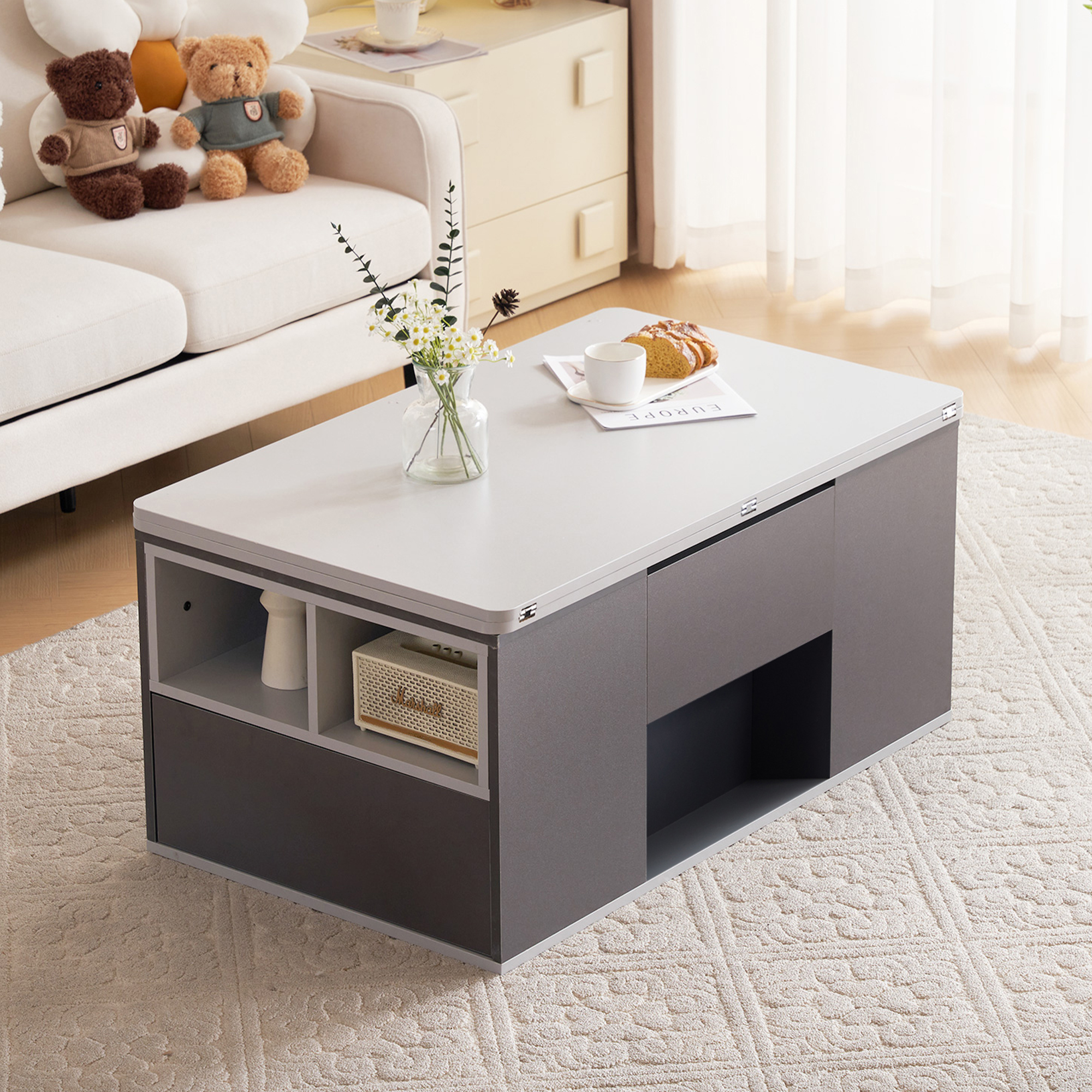 Height-Adjustable 2-in-1 Coffee and Dining Table with 3 Drawers