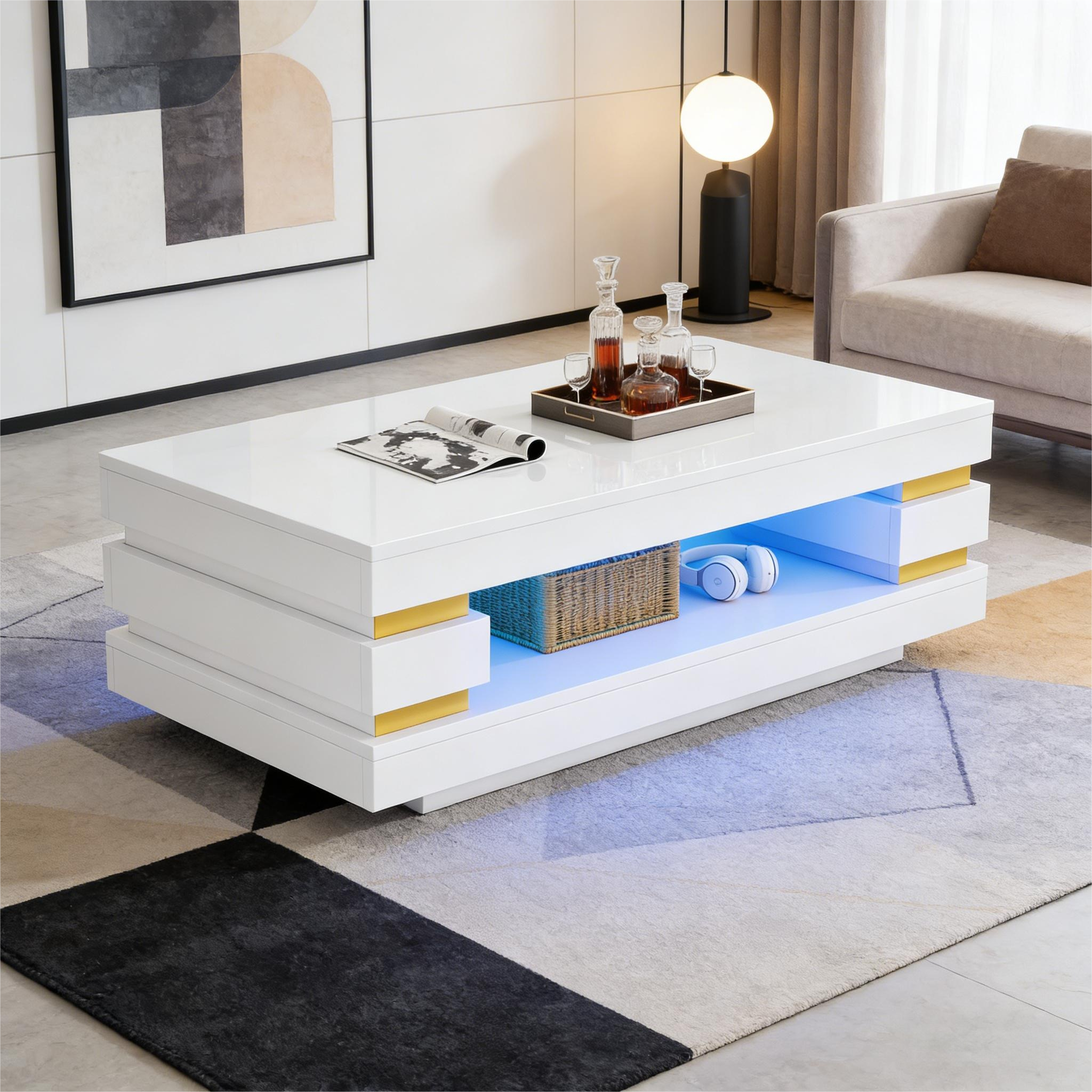 White High-Gloss LED Coffee Table with Open Center Storage
