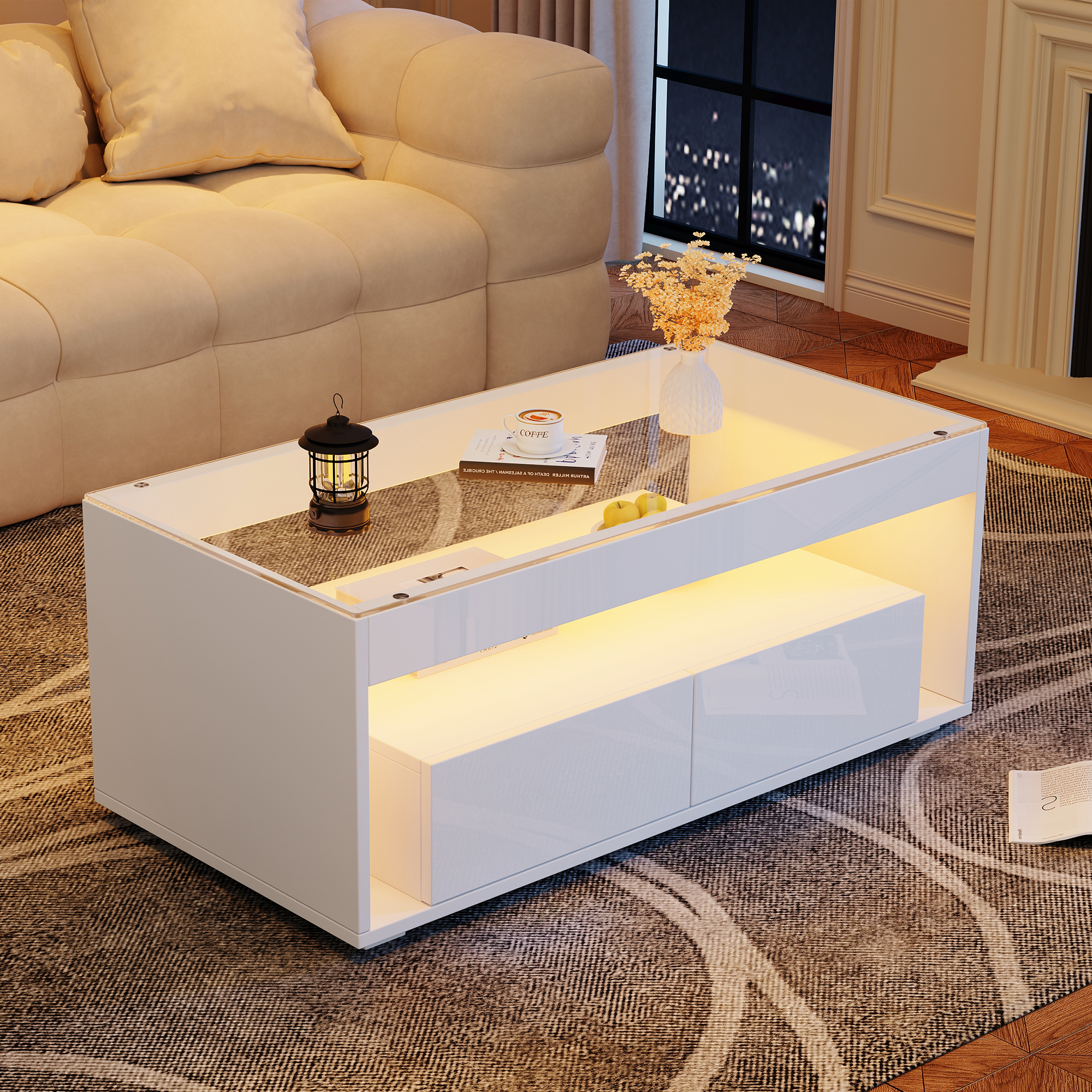 High-Gloss White Coffee Table with LED and 2 Drawers