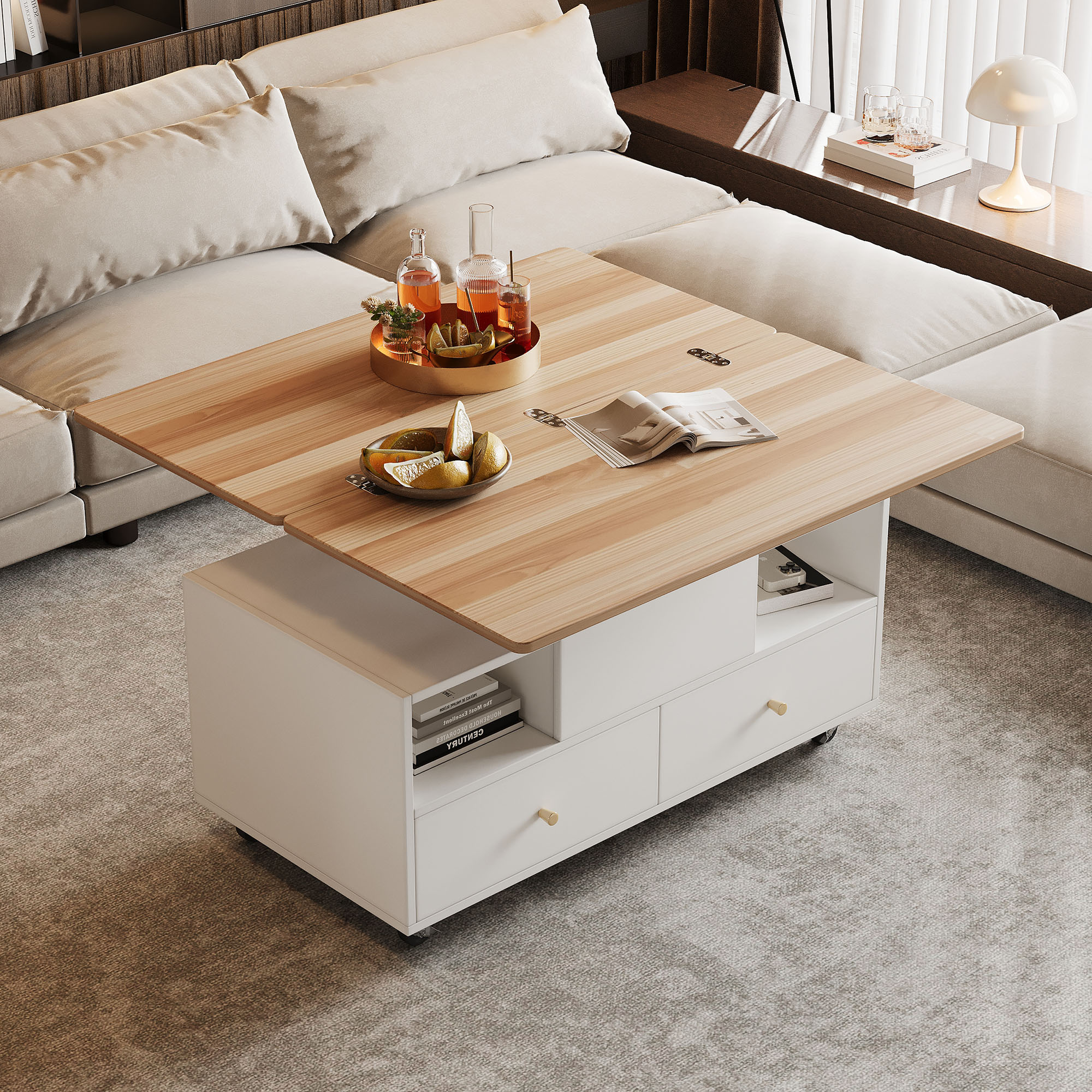 Hydraulic Lift Coffee Table with Castors and 4 Drawers