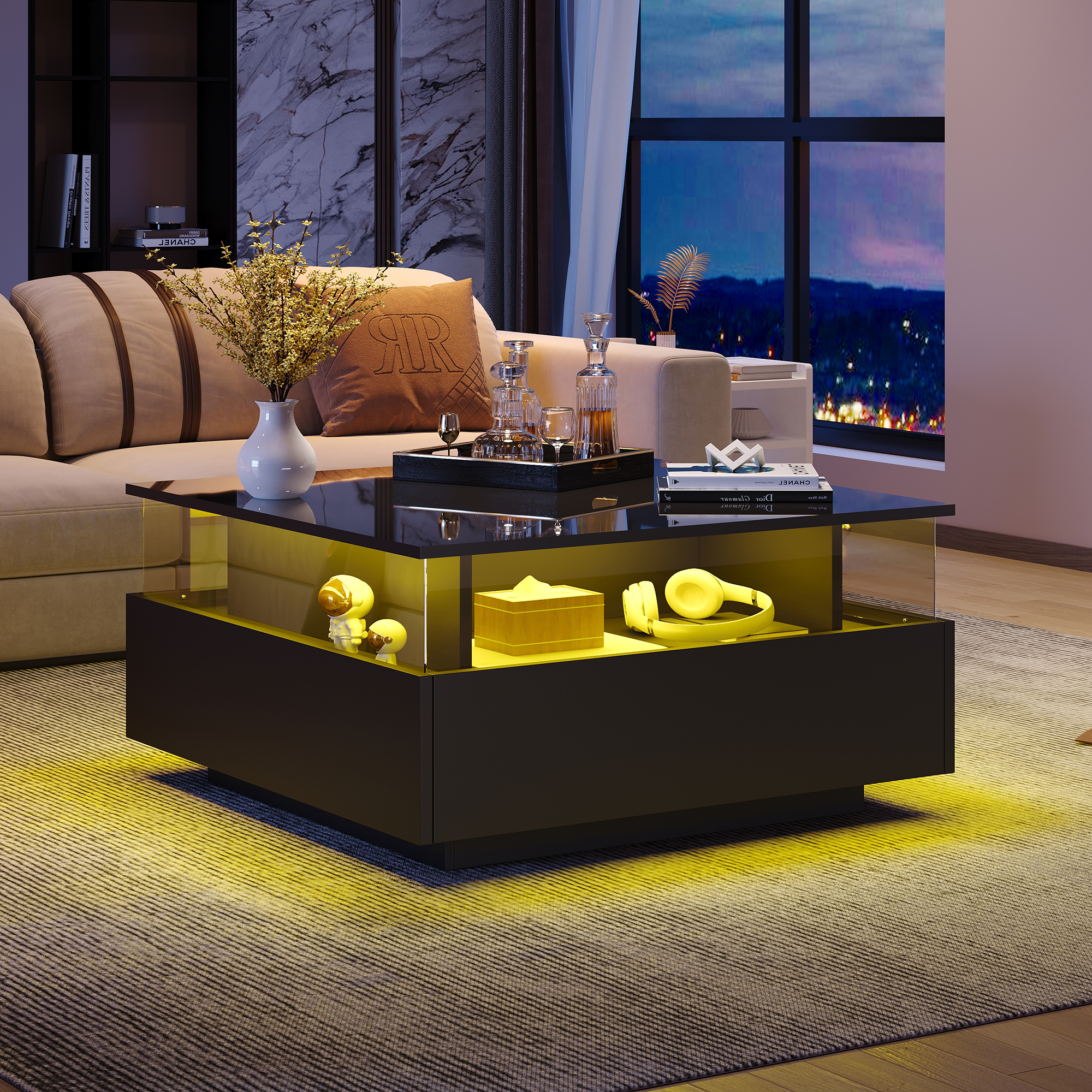 Square Black High-Gloss LED Coffee Table with 2 Drawers