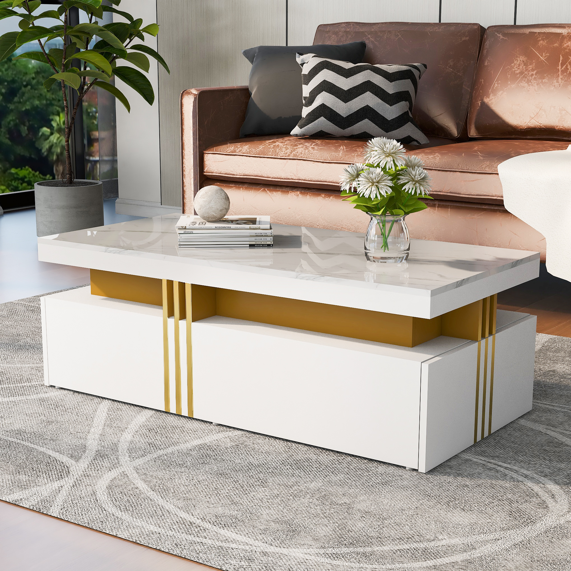 Marble-Look White Coffee Table with 2 Drawers