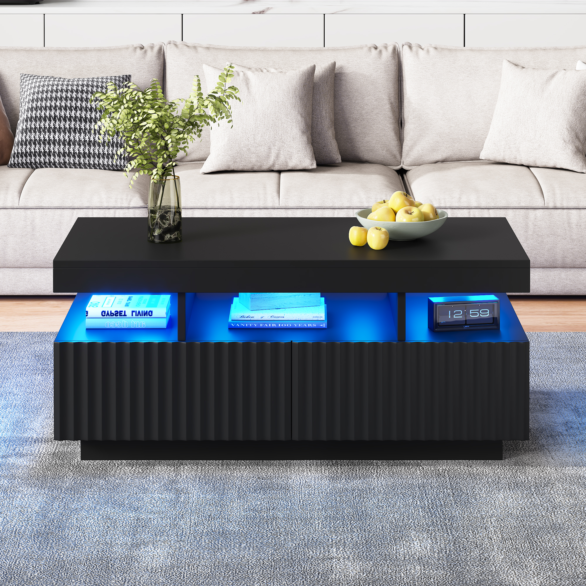 Black Particle Board Coffee Table with LED and 2 Drawers