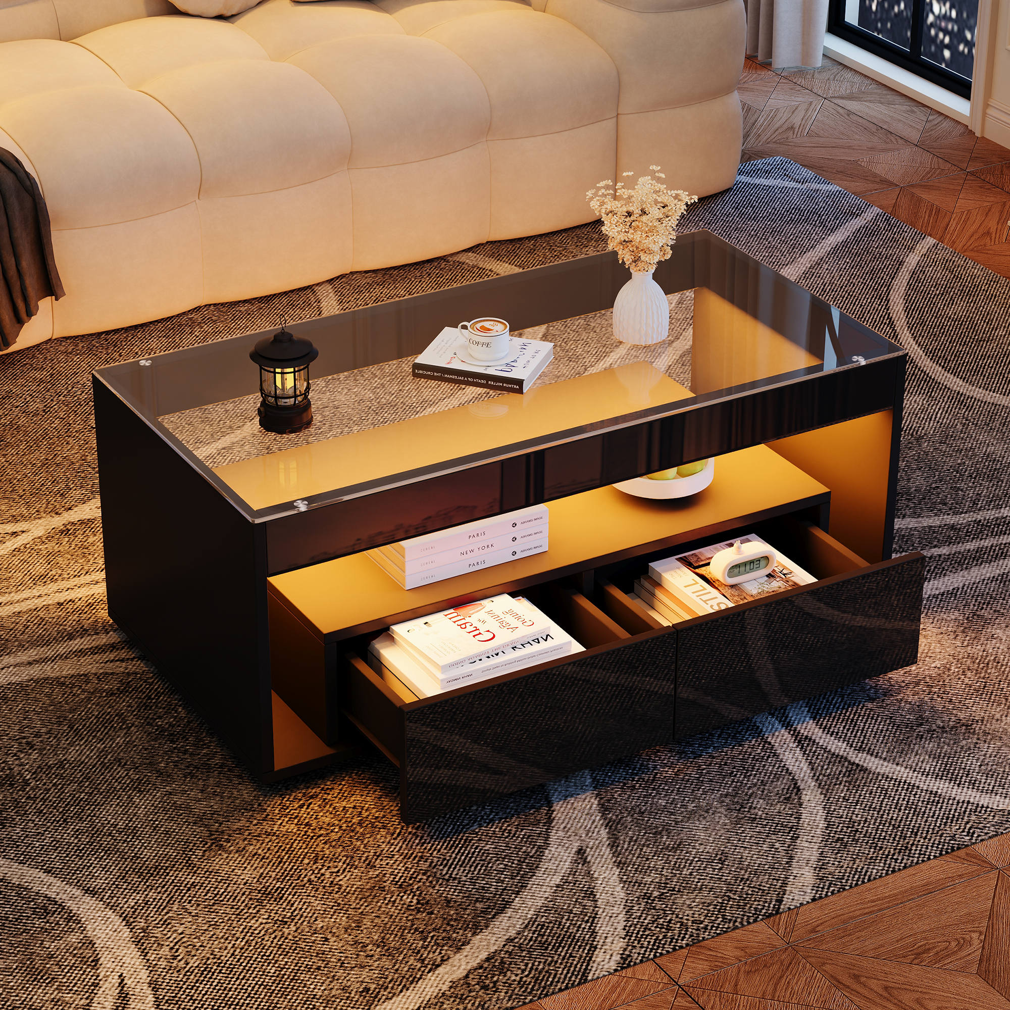 High-Gloss Black Coffee Table with 16-Color LED and 2 Drawers