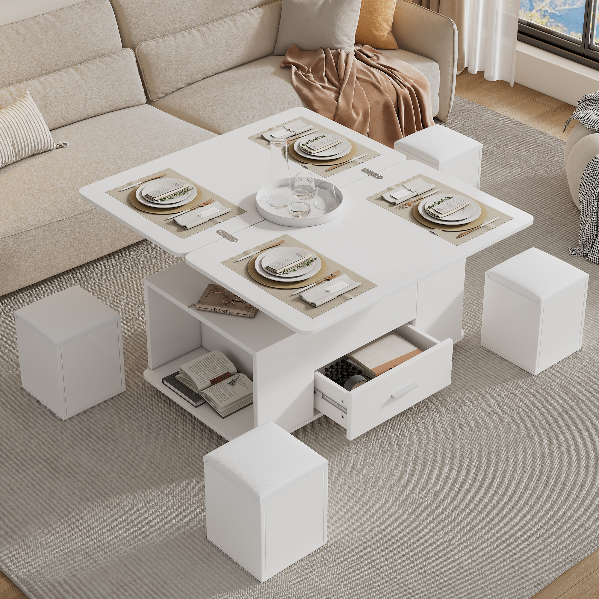 Height-Adjustable Coffee Table with 4 Stools and Drawers