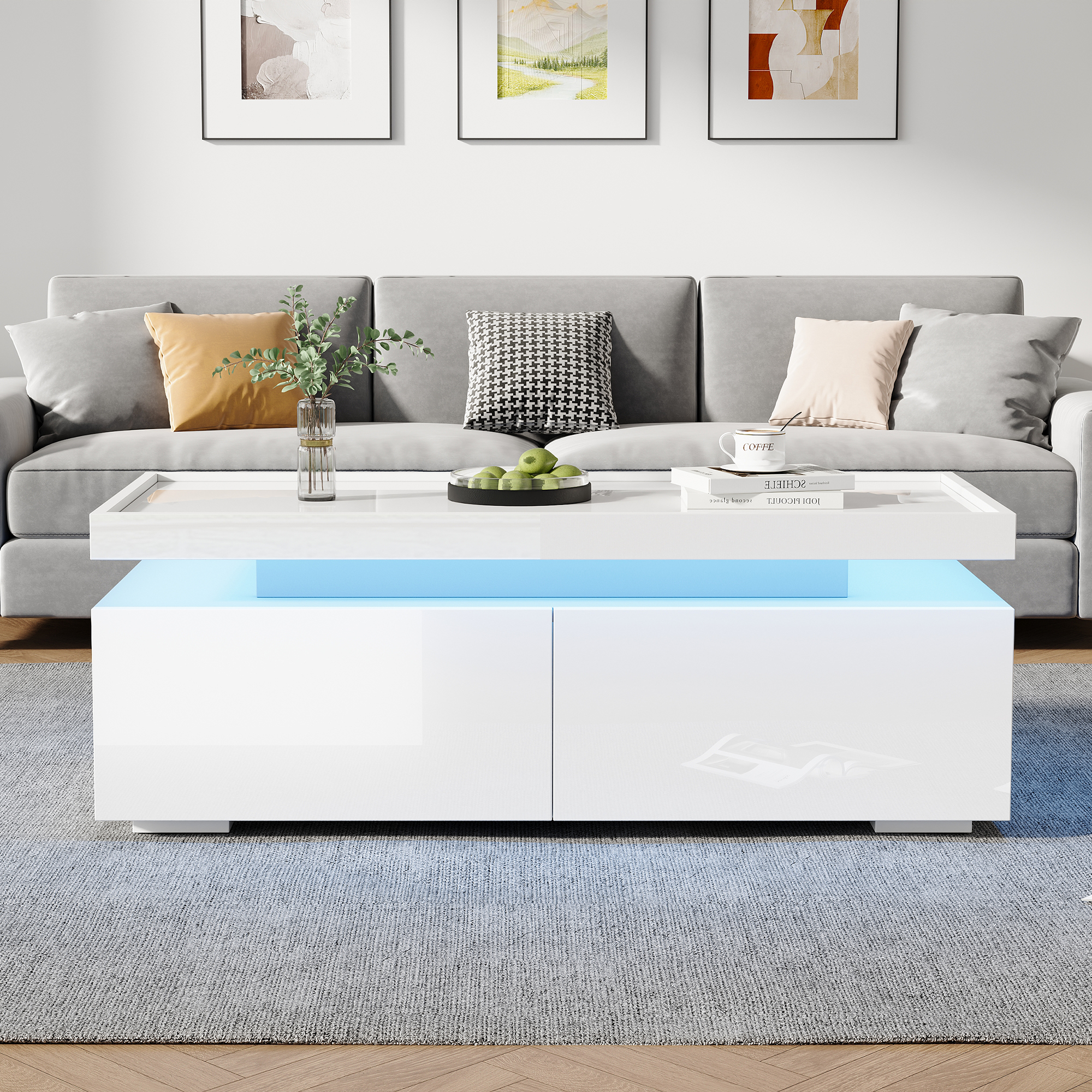 White High-Gloss LED Coffee Table with Geometric Detail