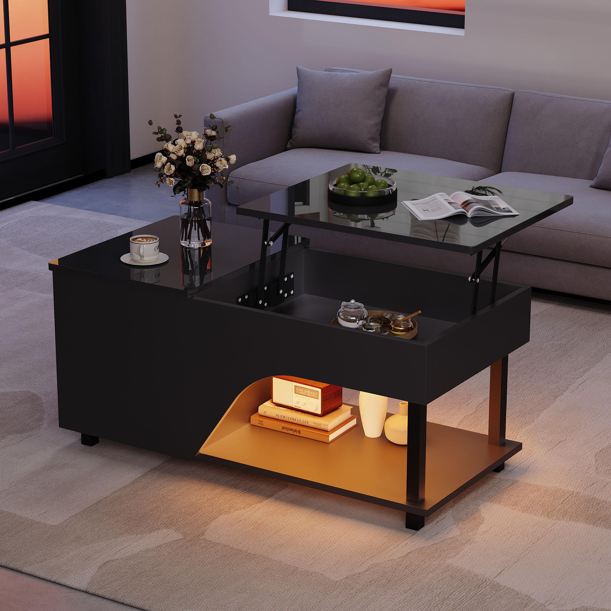 Black Height-Adjustable LED Coffee Table with Hidden Storage
