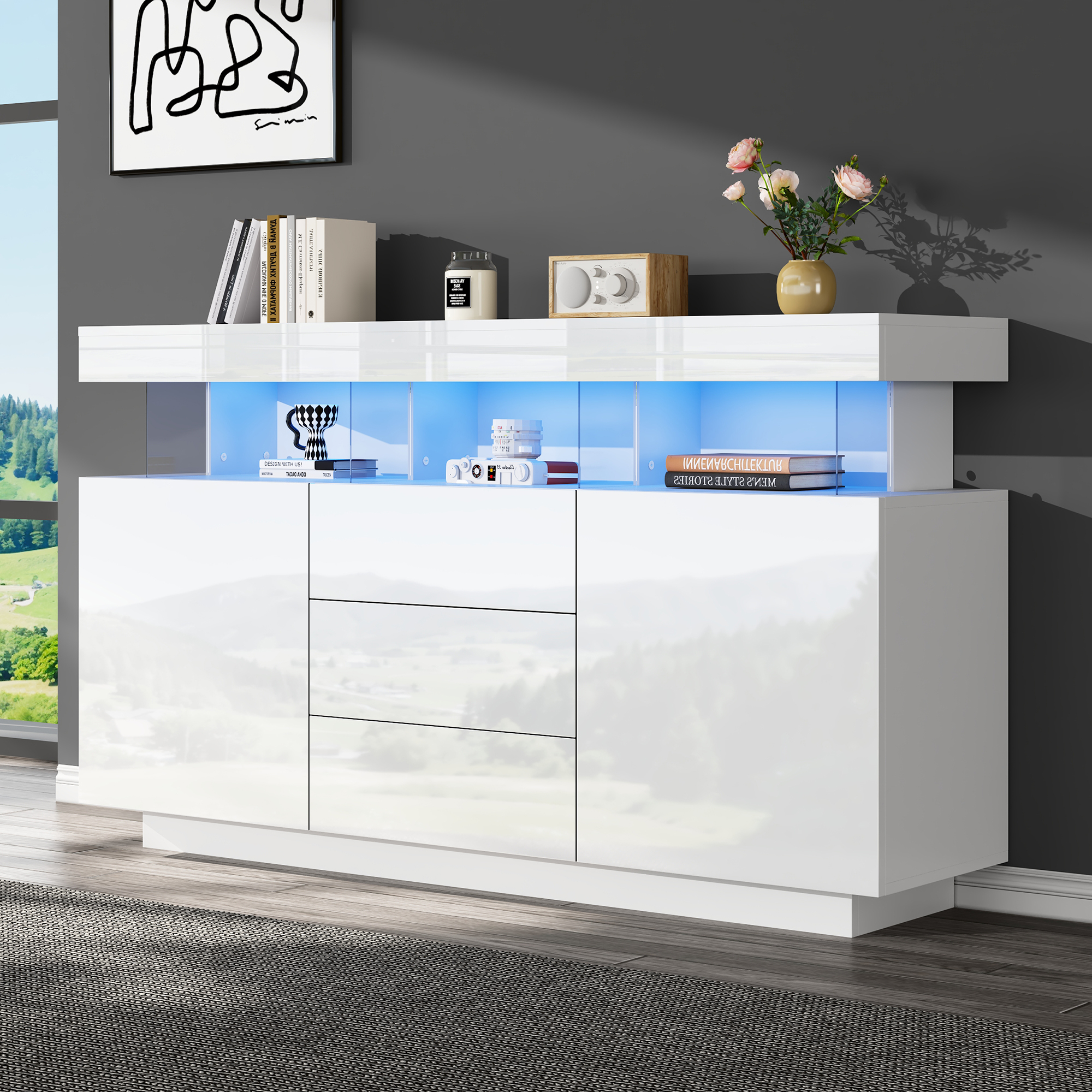 White High-Gloss Sideboard with 16-Color LED Light Strip