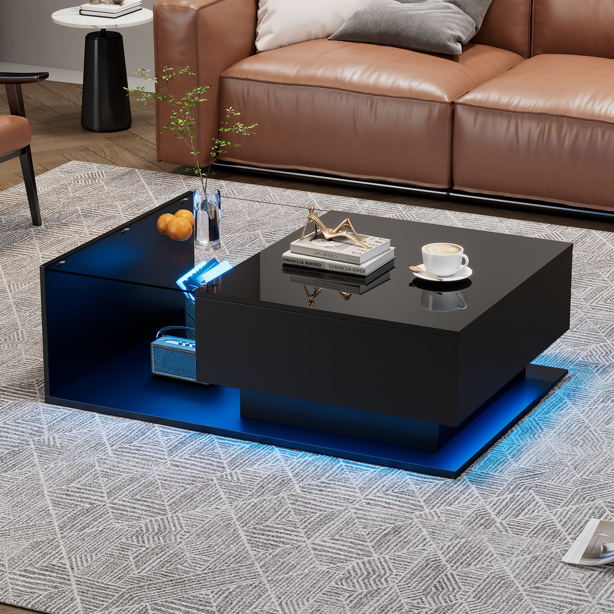 Black High-Gloss Coffee Table with Glass Top and LED