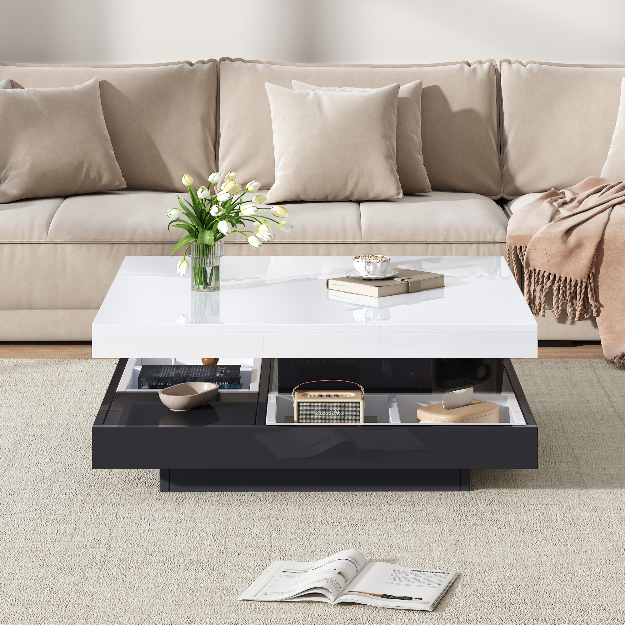 360-Degree Swivel Two-Tier Coffee Table, White Top Black Base