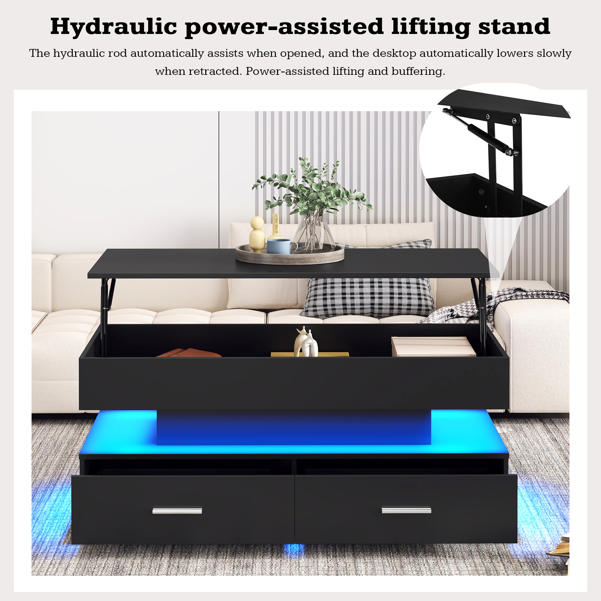 Black Hydraulic Lift Coffee Table with App-Controlled LED