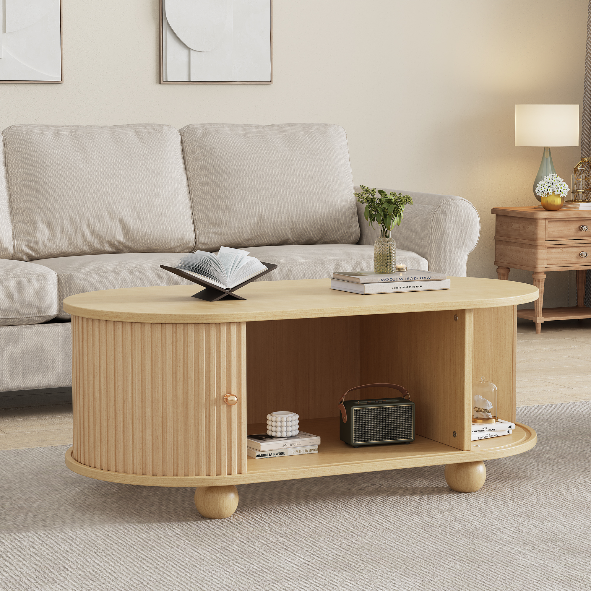 Oval MDF Coffee Table with Sliding Door Storage