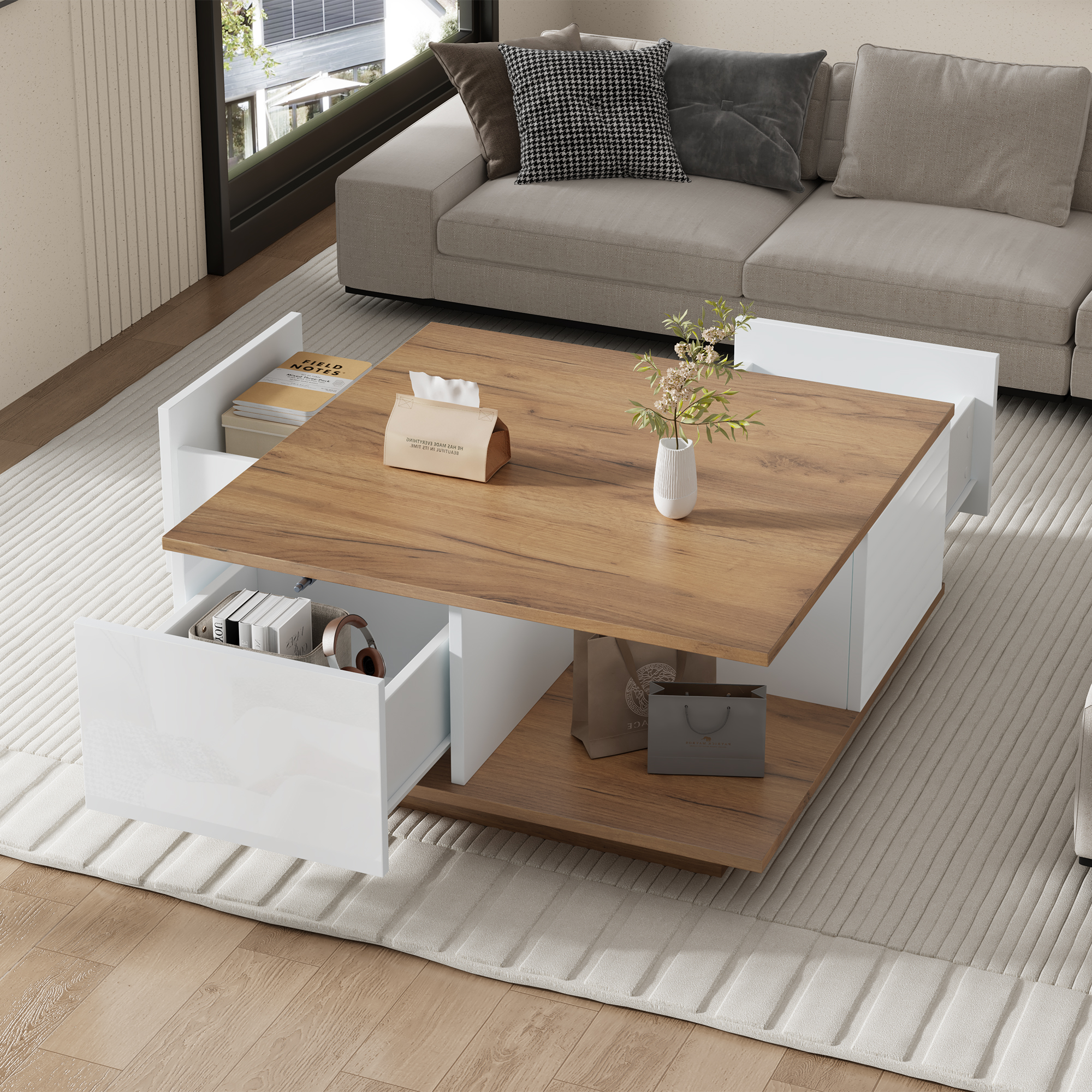 Square High-Gloss Coffee Table with 3 Drawers