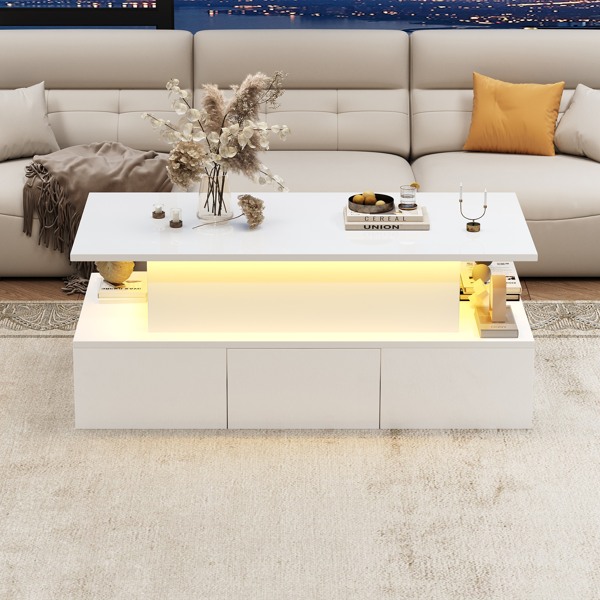 White MDF Lift Coffee Table with 4 Drawers and LED