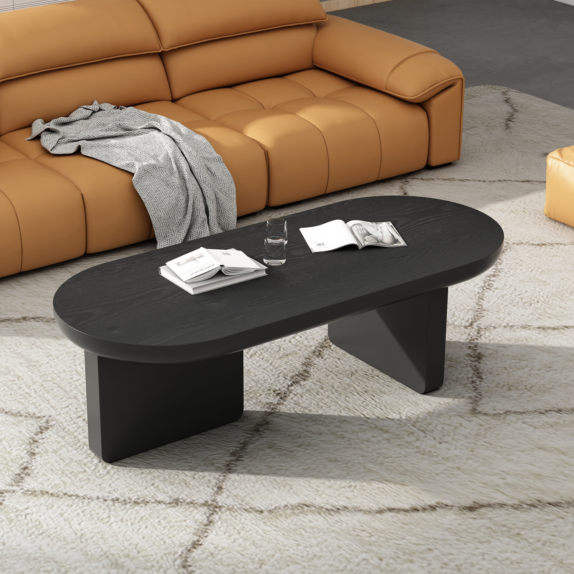 Black Oval MDF Coffee Table with Geometric Legs