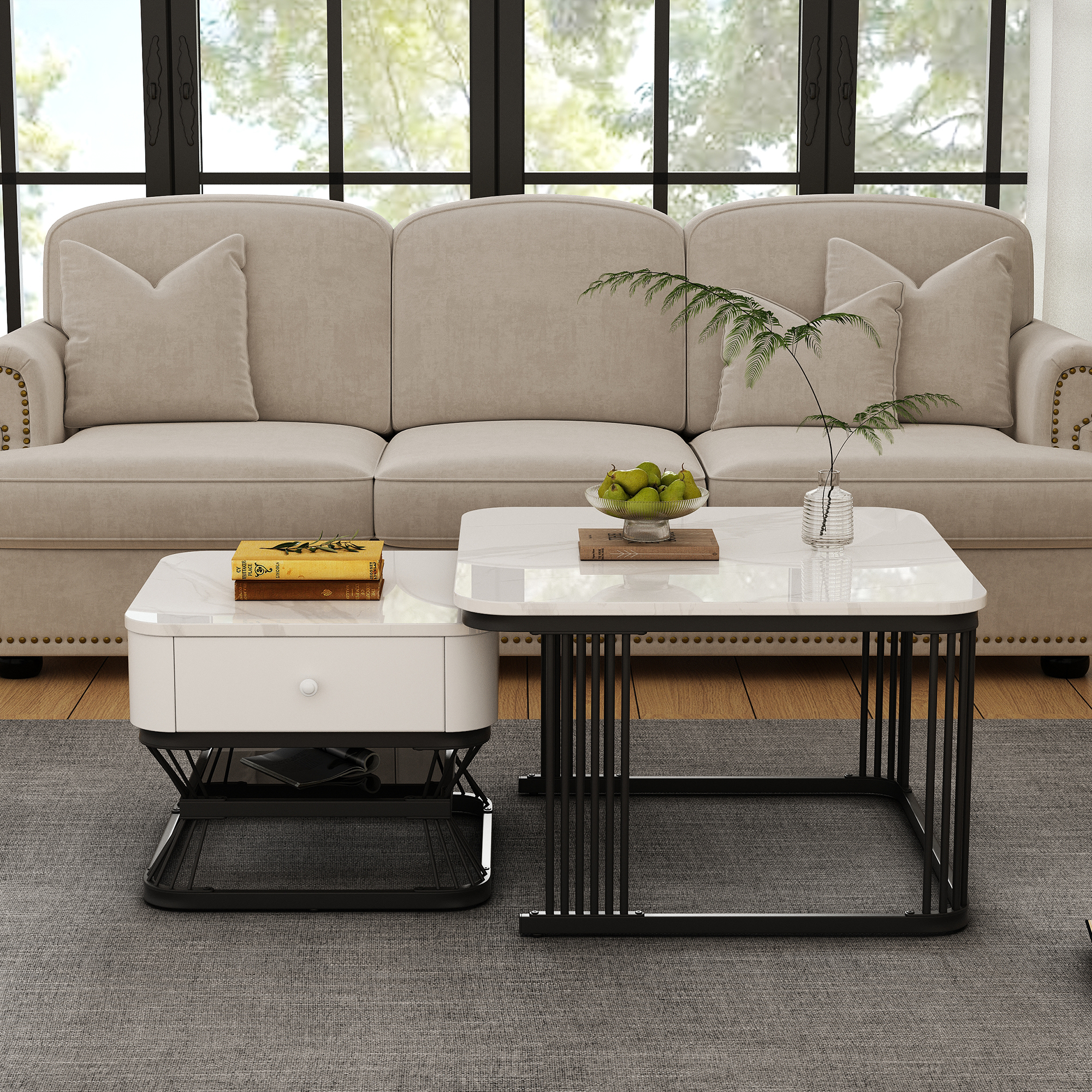 2-Piece Marble-Look Coffee Table Set with Drawer