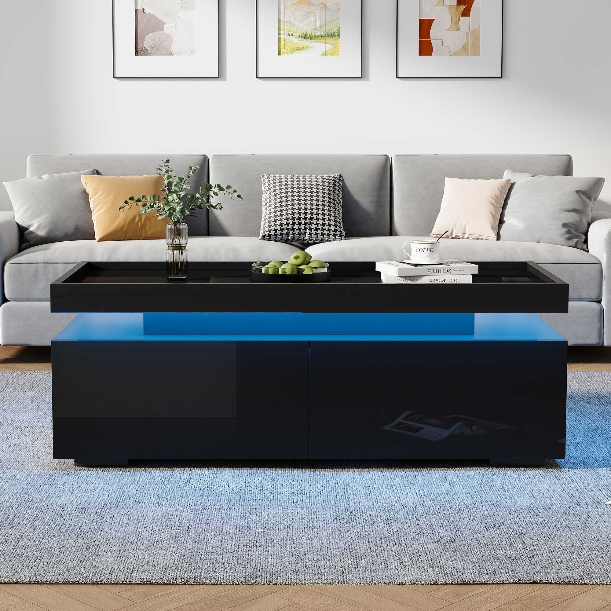 Black High-Gloss Coffee Table with 2 Drawers and LED