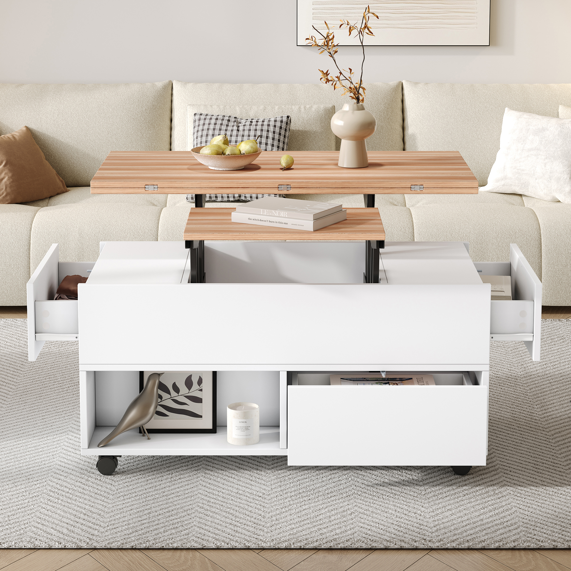 White and Oak Lift Coffee Table on Casters with 4 Drawers