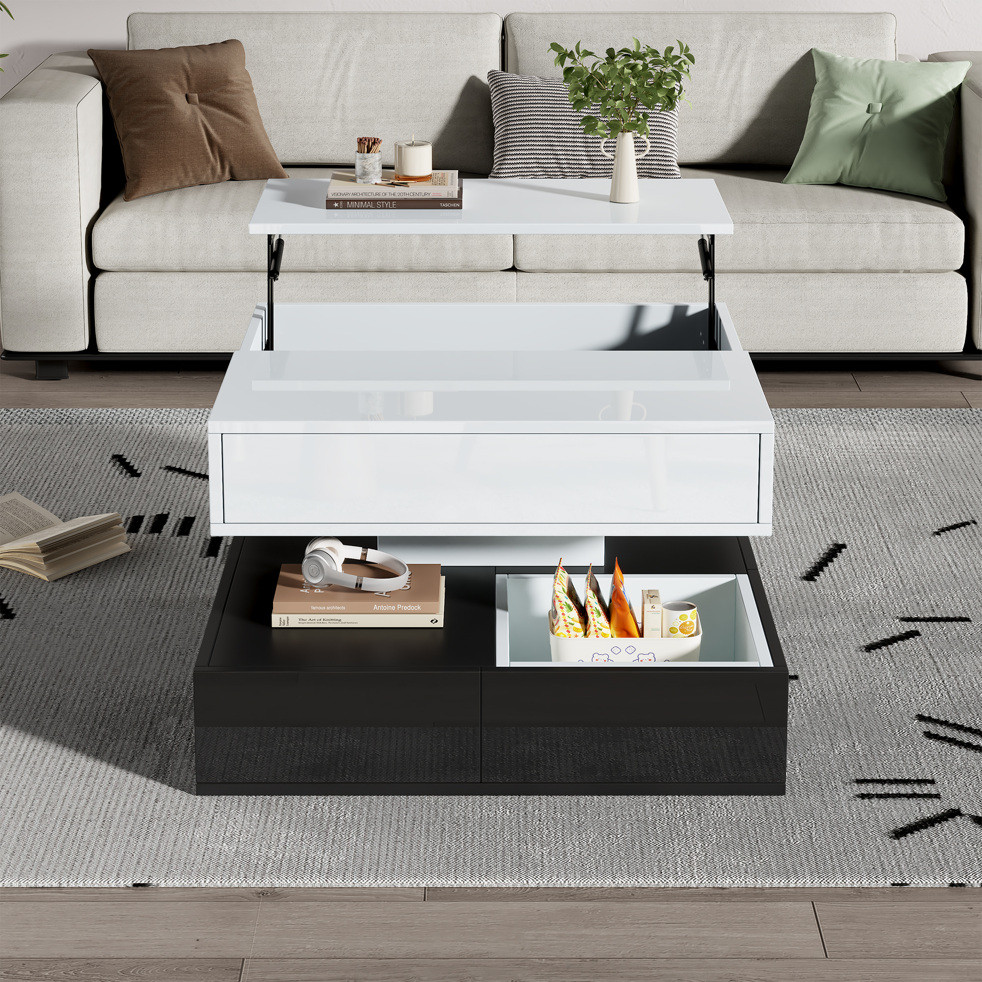 Square Swivel Lift Coffee Table with 3 Drawers