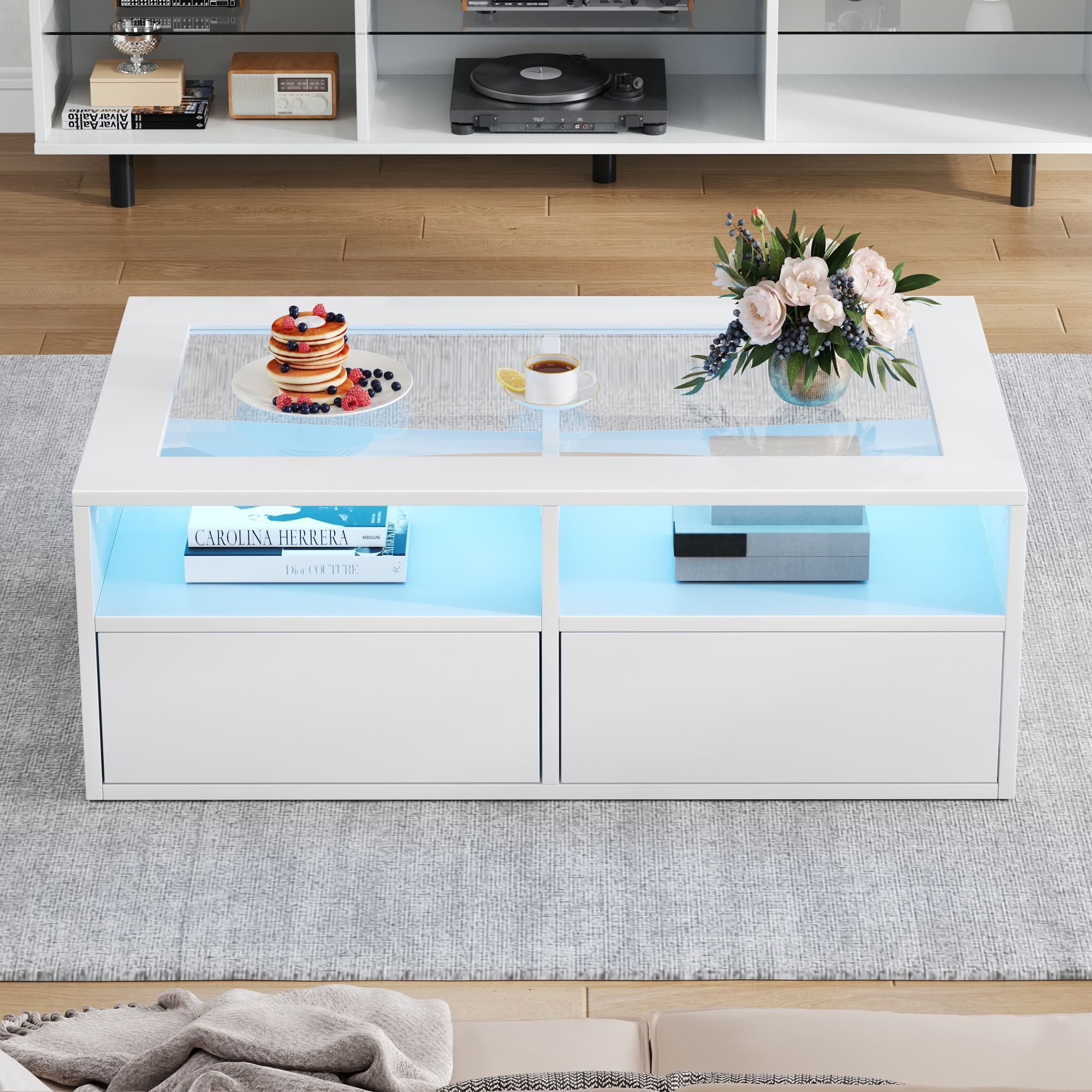 White LED Coffee Table with 2 Drawers and Glass Top