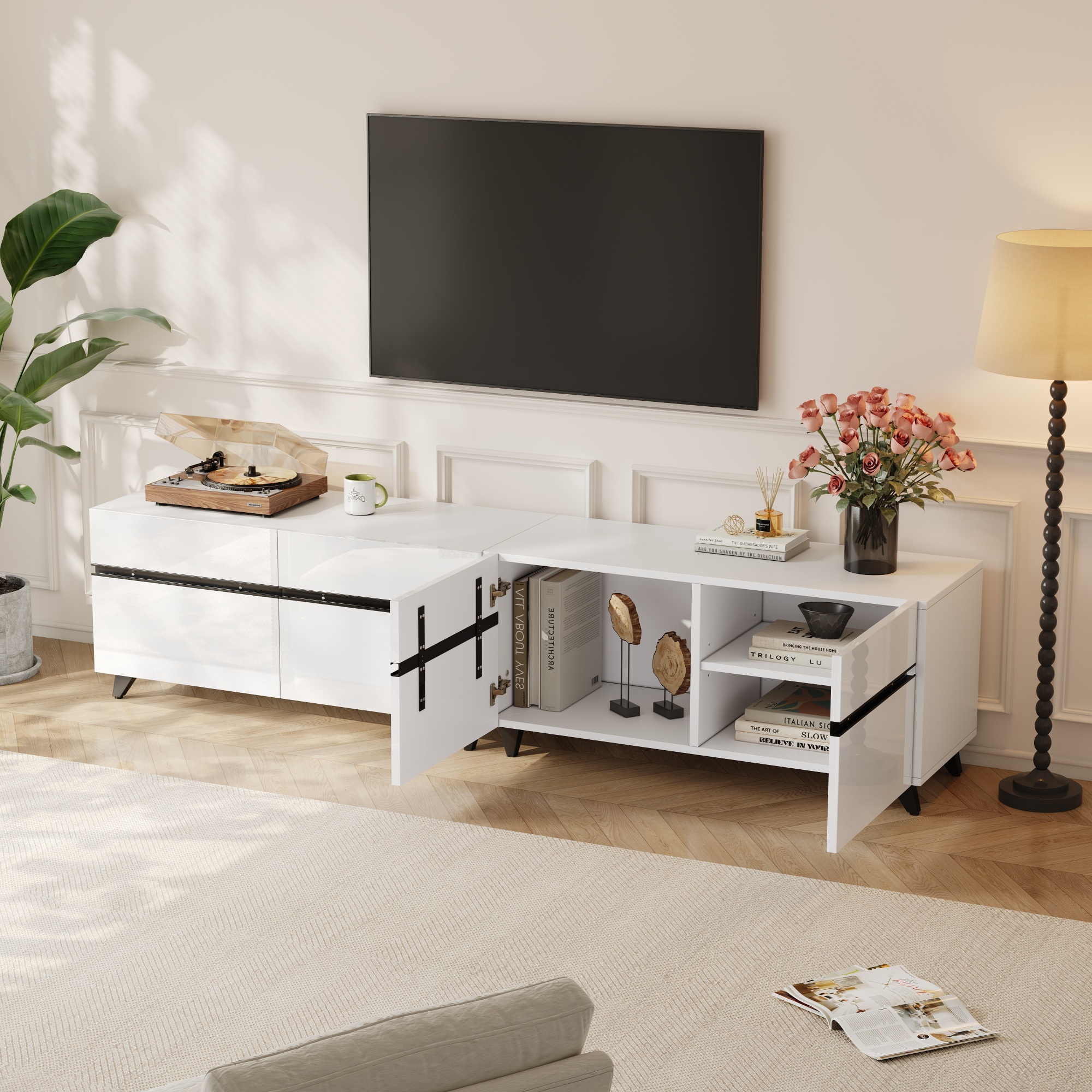 High-Gloss White TV Cabinet with 4 Cabinets and Adjustable Dividers