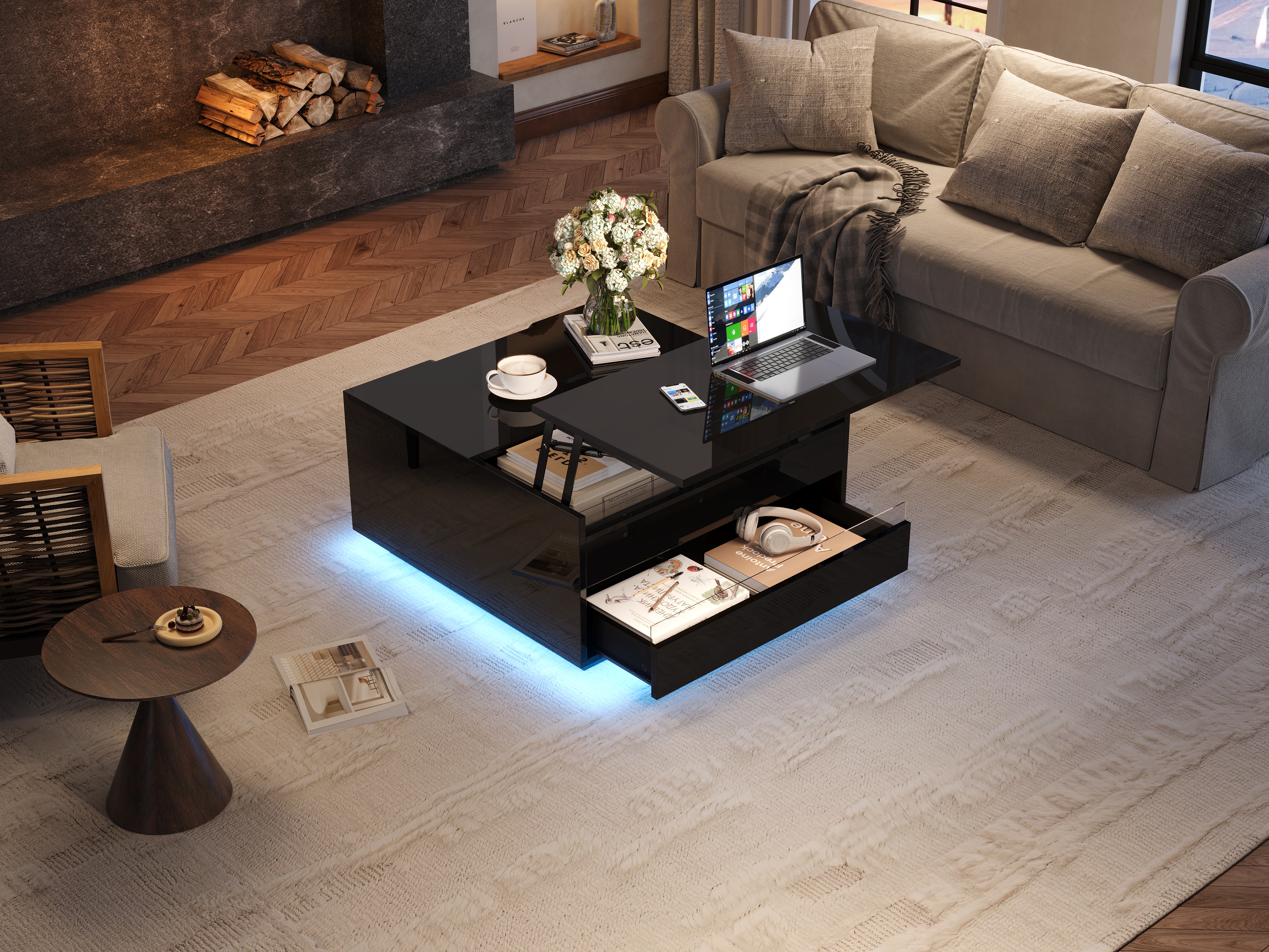 Black High-Gloss Lift-Top Coffee Table with LED and Hidden Storage