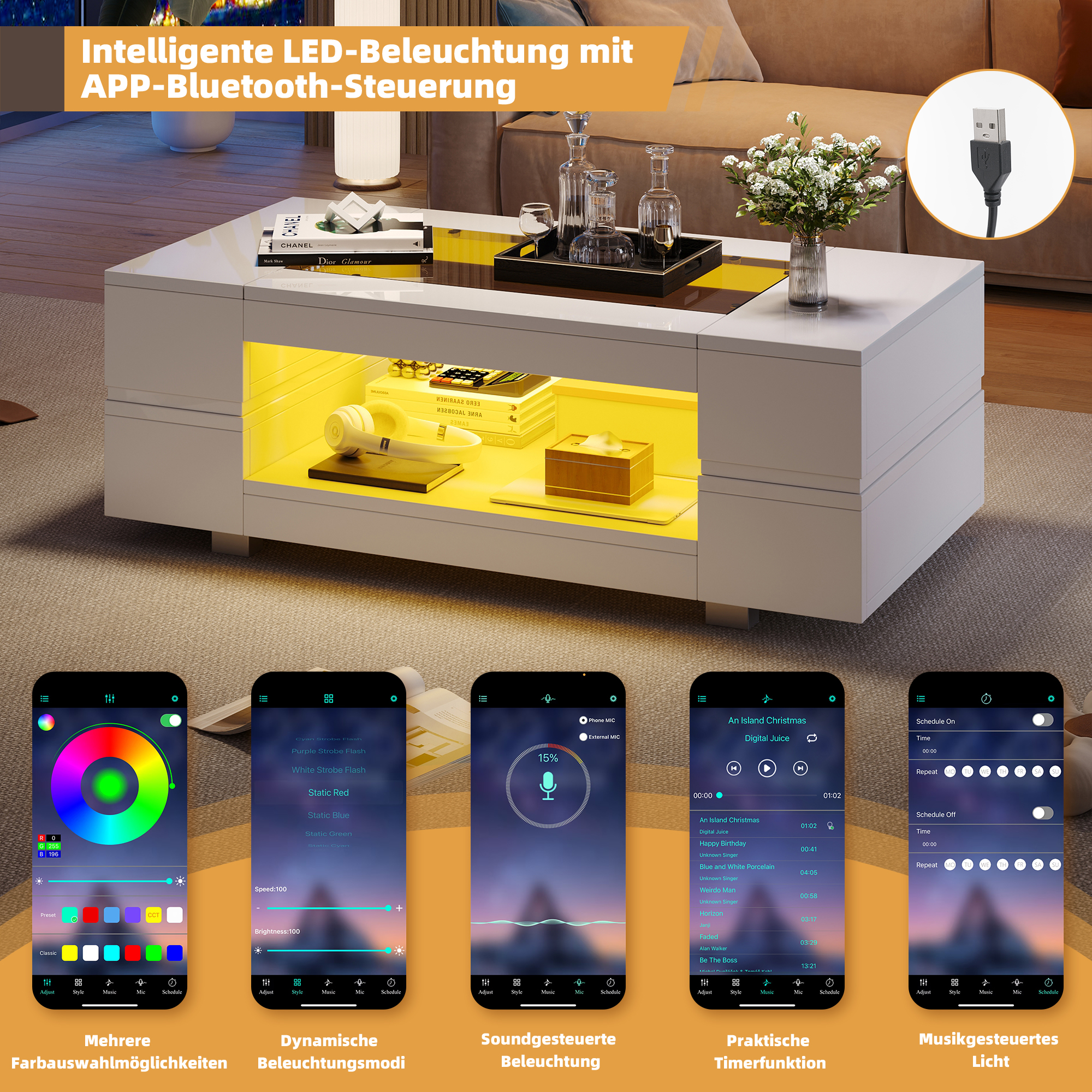 White LED Coffee Table with Bluetooth App Control