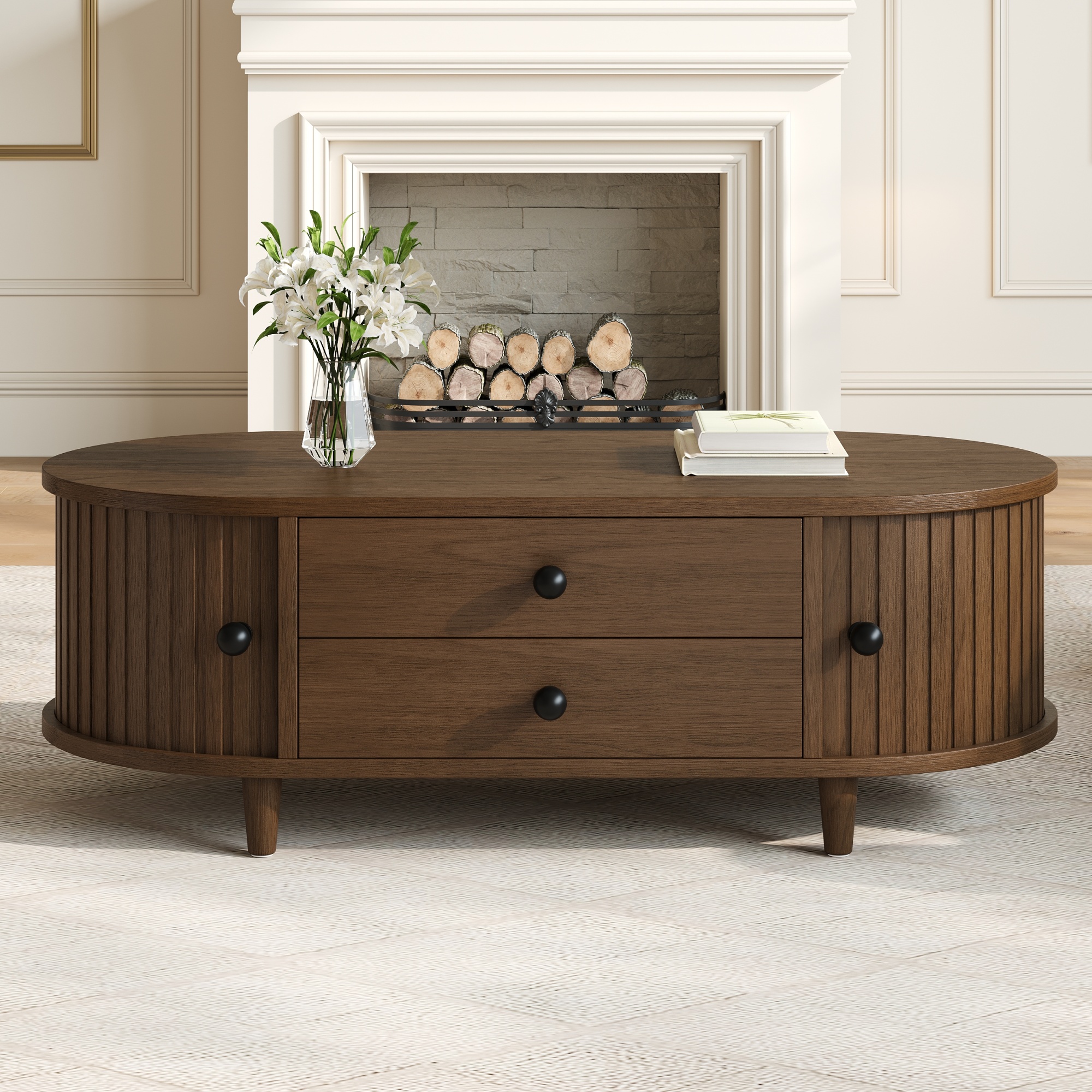 Walnut MDF Coffee Table with Rolling Doors and 2 Drawers