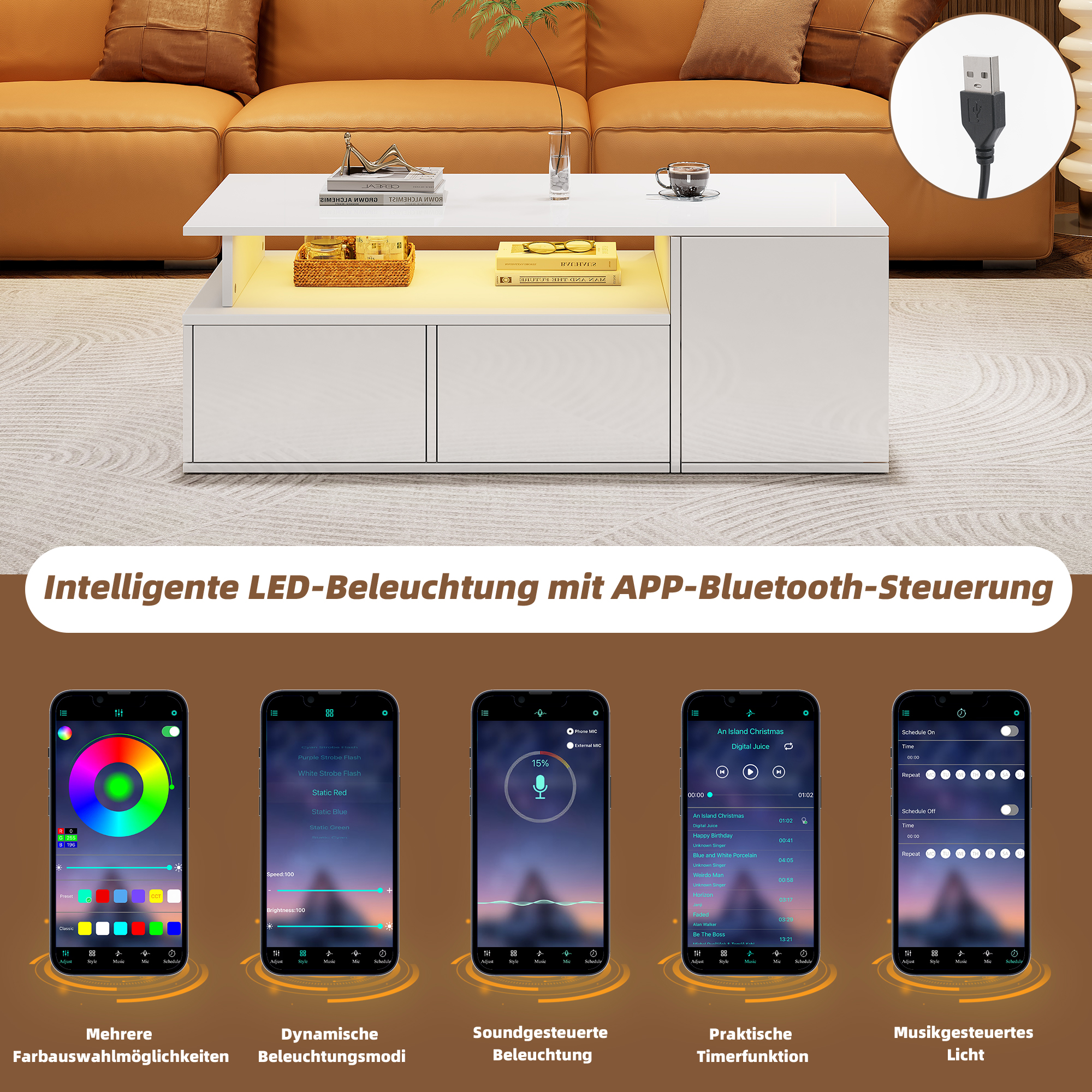 White LED Coffee Table with 2 Drawers, 60 kg Load Capacity