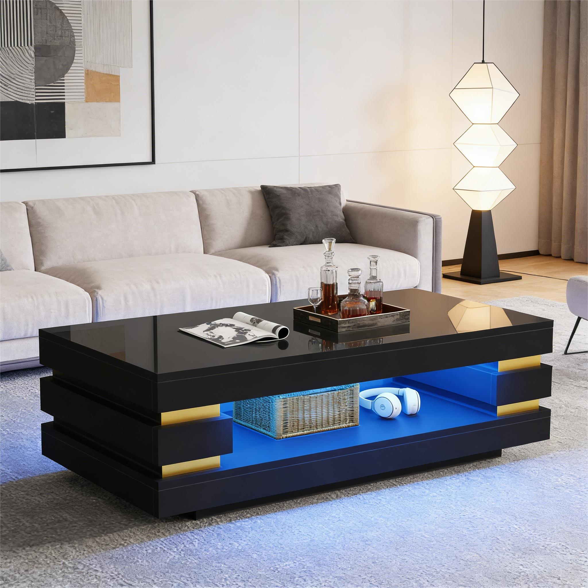 Black High-Gloss LED Coffee Table with Open Center Shelf