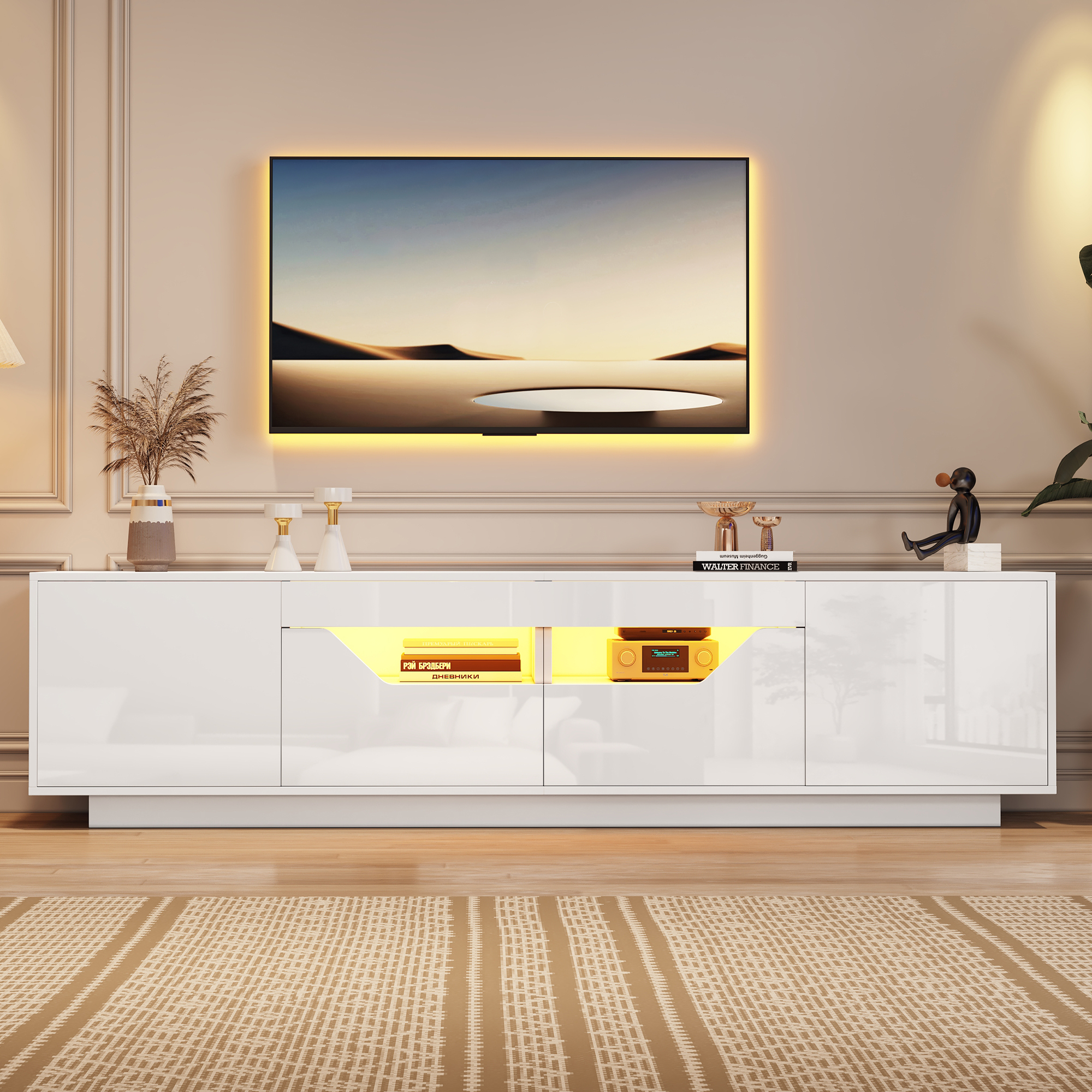 White High-Gloss TV Stand with LED, 2 Drawers and 2 Cabinets