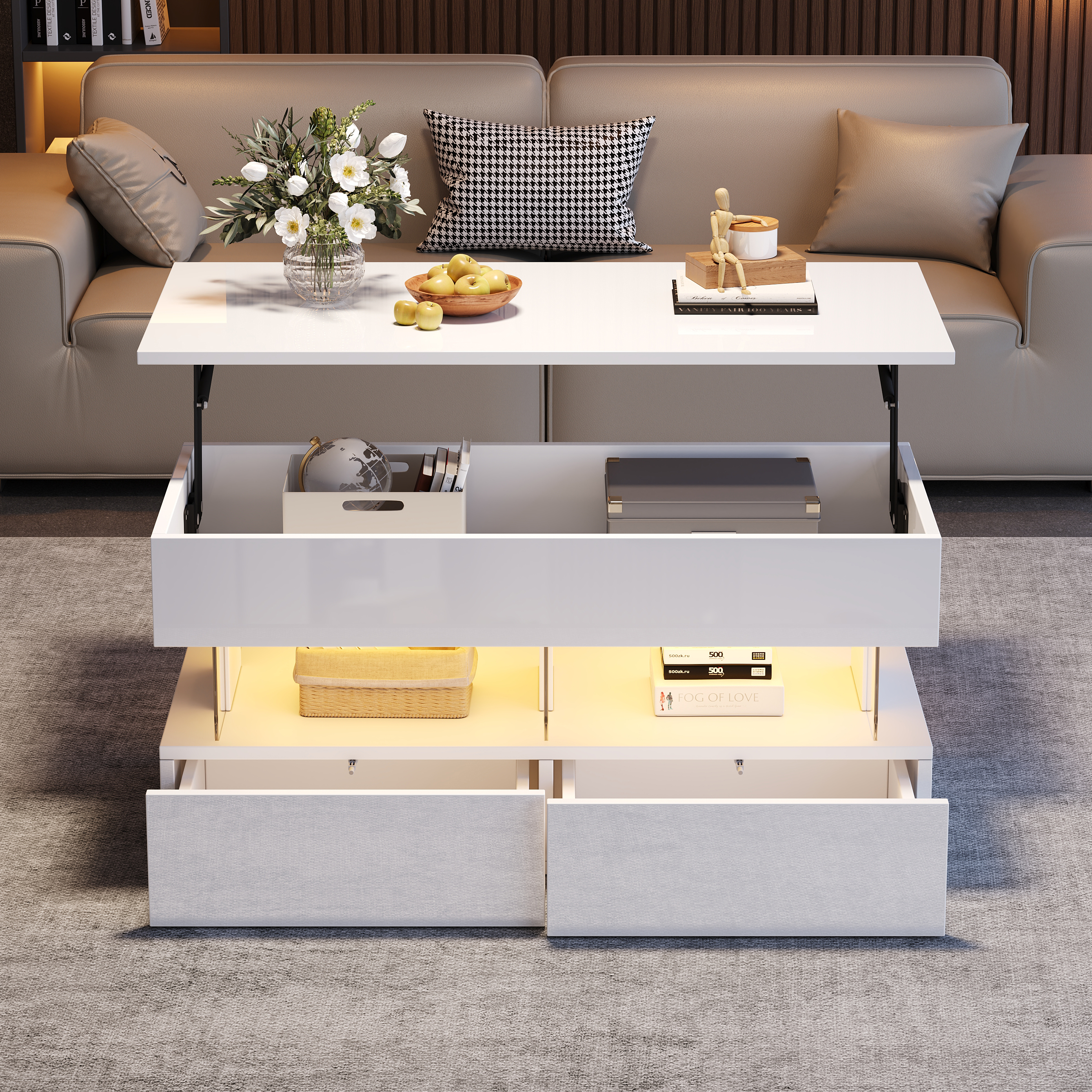 White Lift-Top Coffee Table with LED, 2 Drawers, MDF and Acrylic