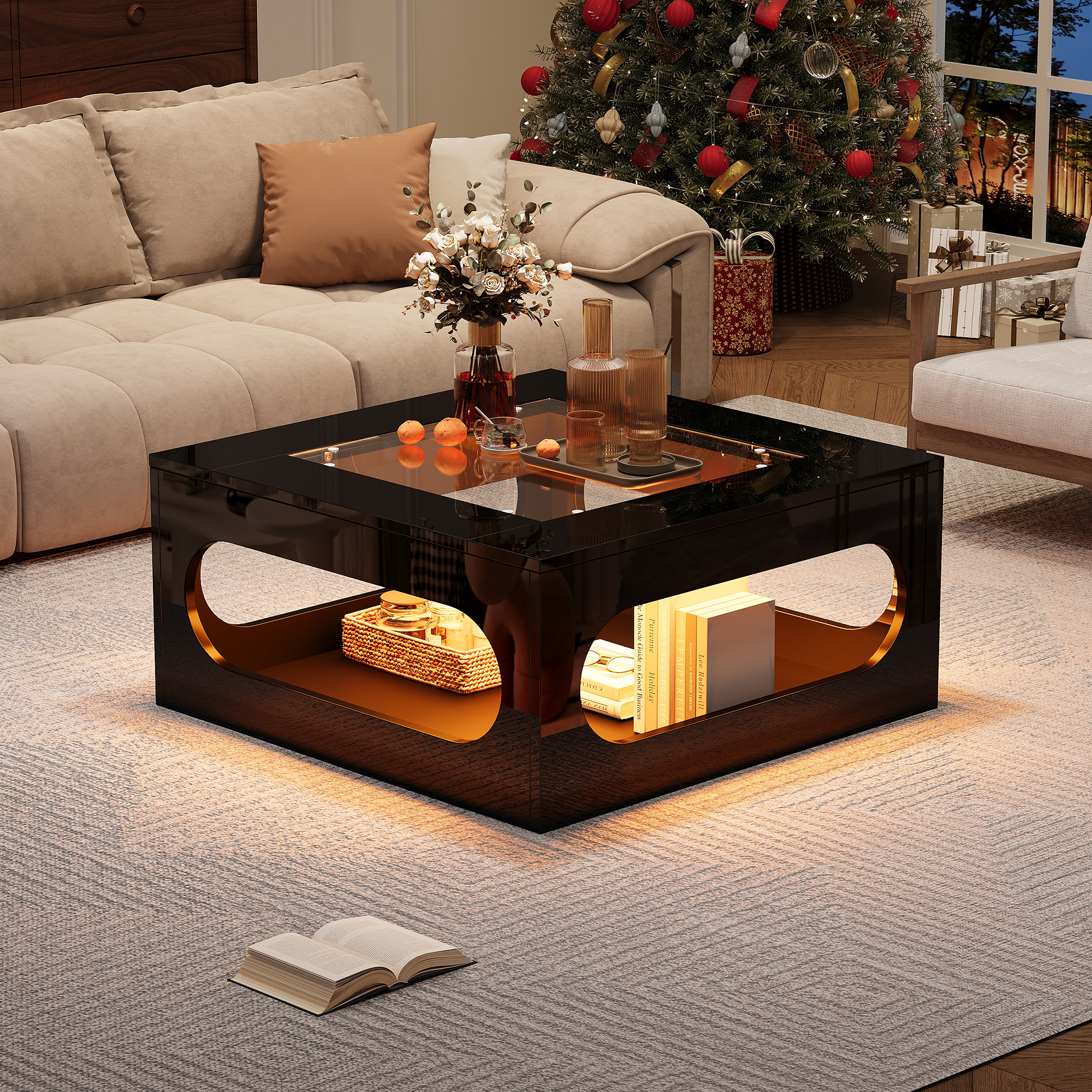Black Square LED Coffee Table with Tempered Glass and Hollow Design