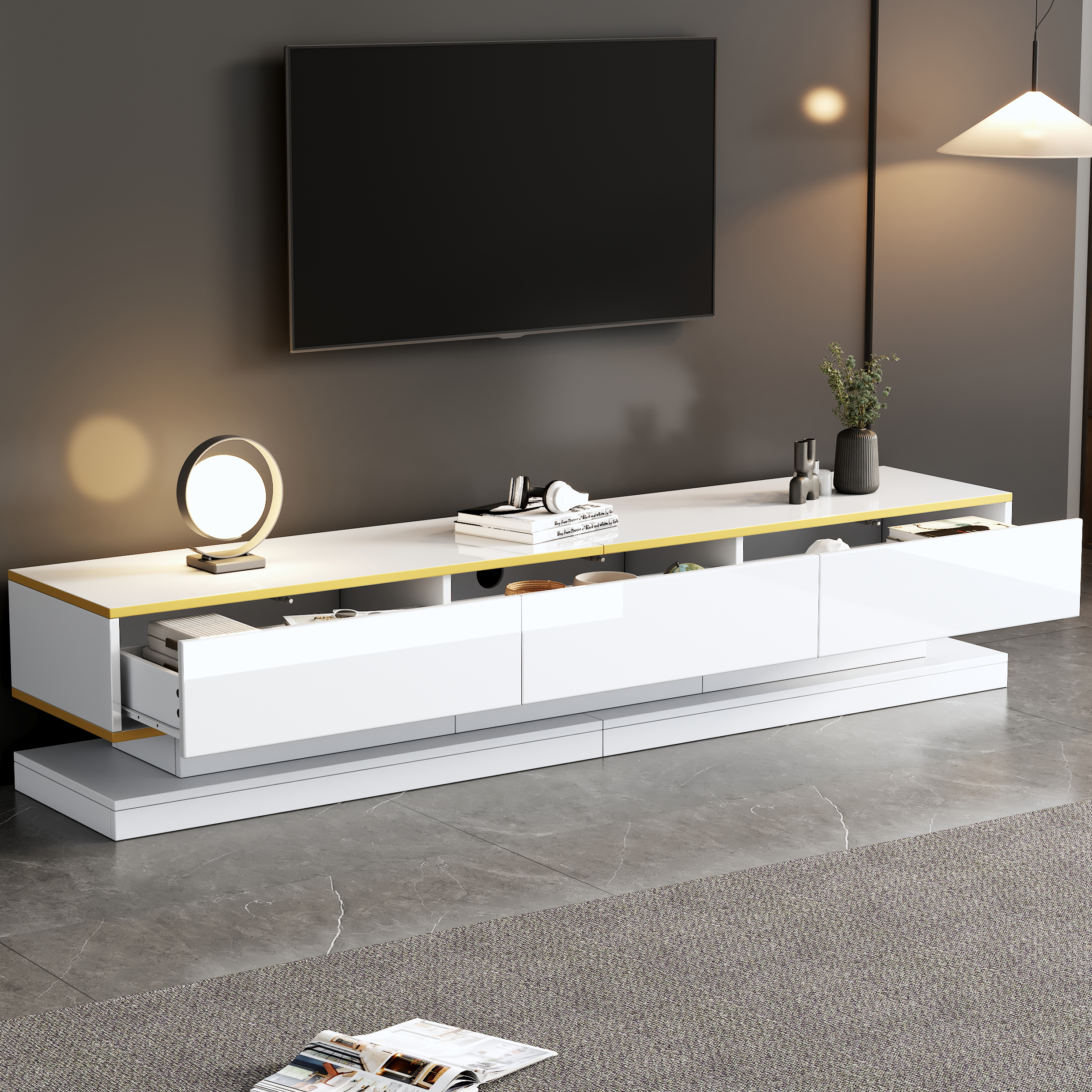 White High-Gloss TV Cabinet with 3 Drawers and Gold Edge Detail